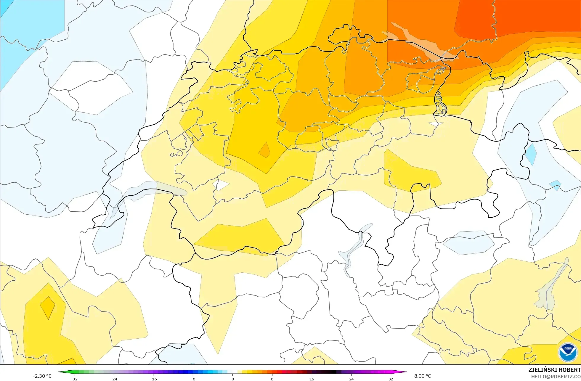 GFS model - İsviçre, 850 hPa Sıcaklık Anomalisi