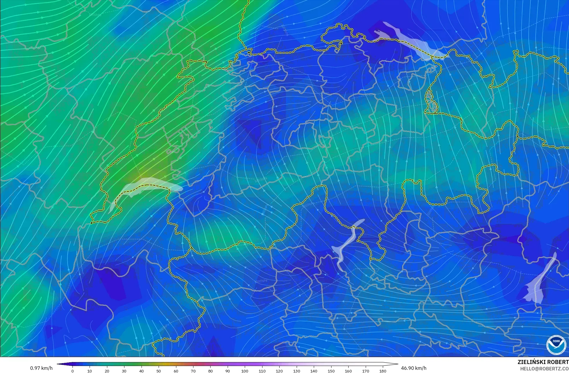 GFS model - İsviçre, 10 m Rüzgâr