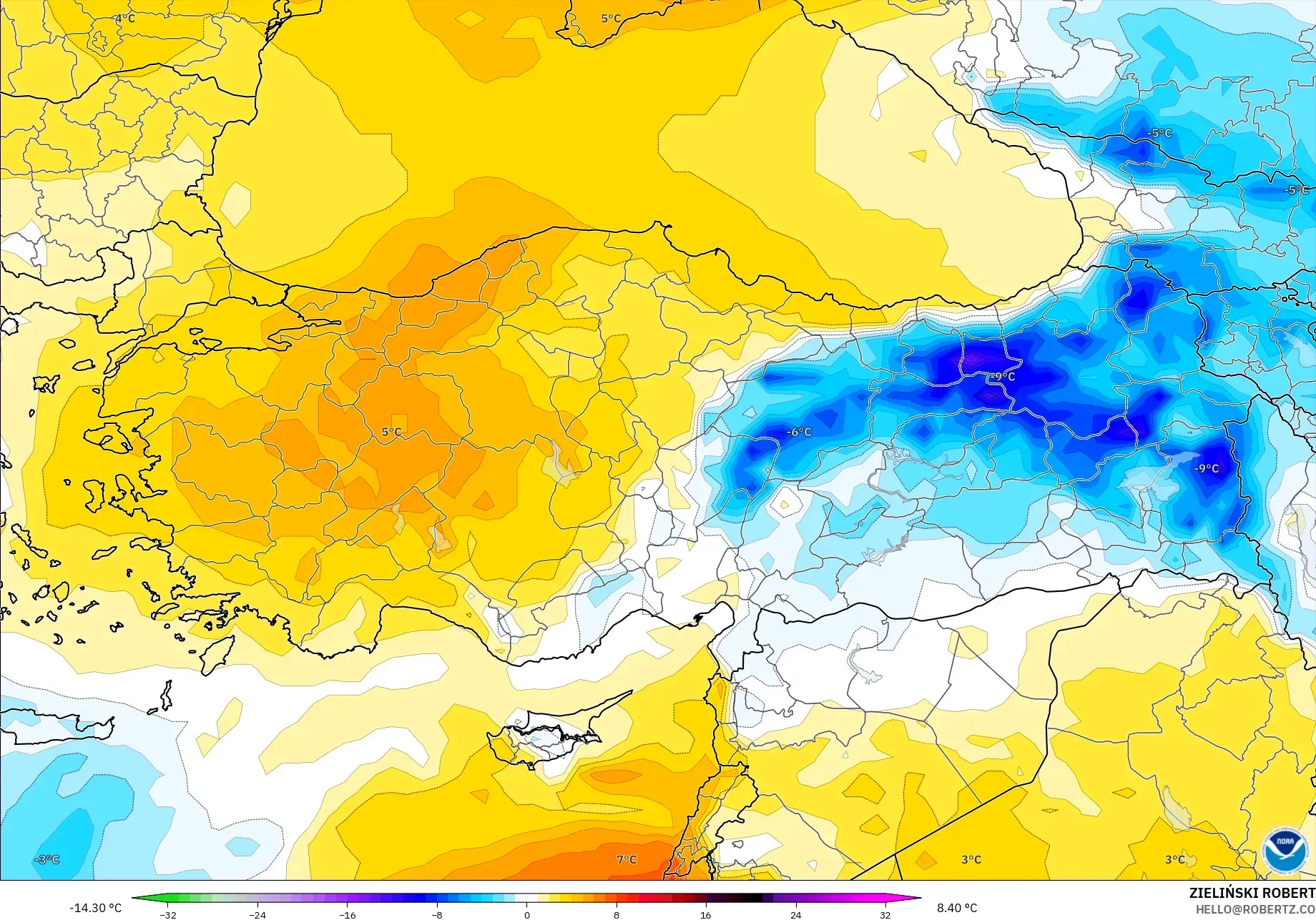 GFS model - Türkiye, 850 hPa Sıcaklık Anomalisi