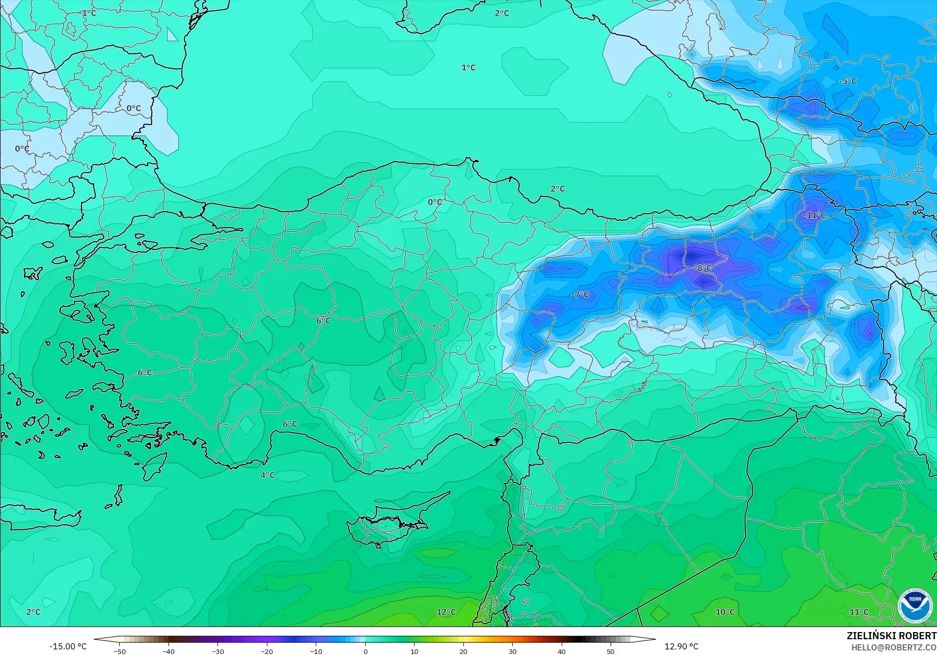 GFS model - Türkiye, 850 hPa Sıcaklık