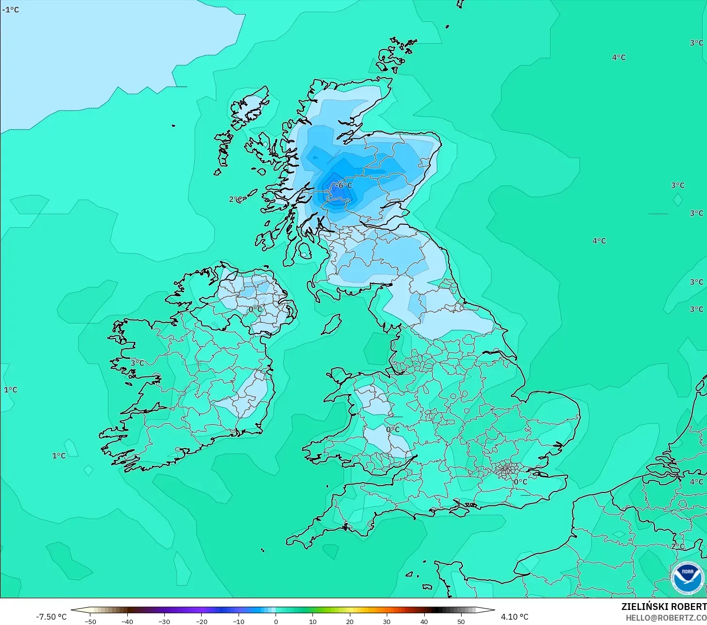 GFS model - Birleşik Krallık, 2 m Çiy Noktası