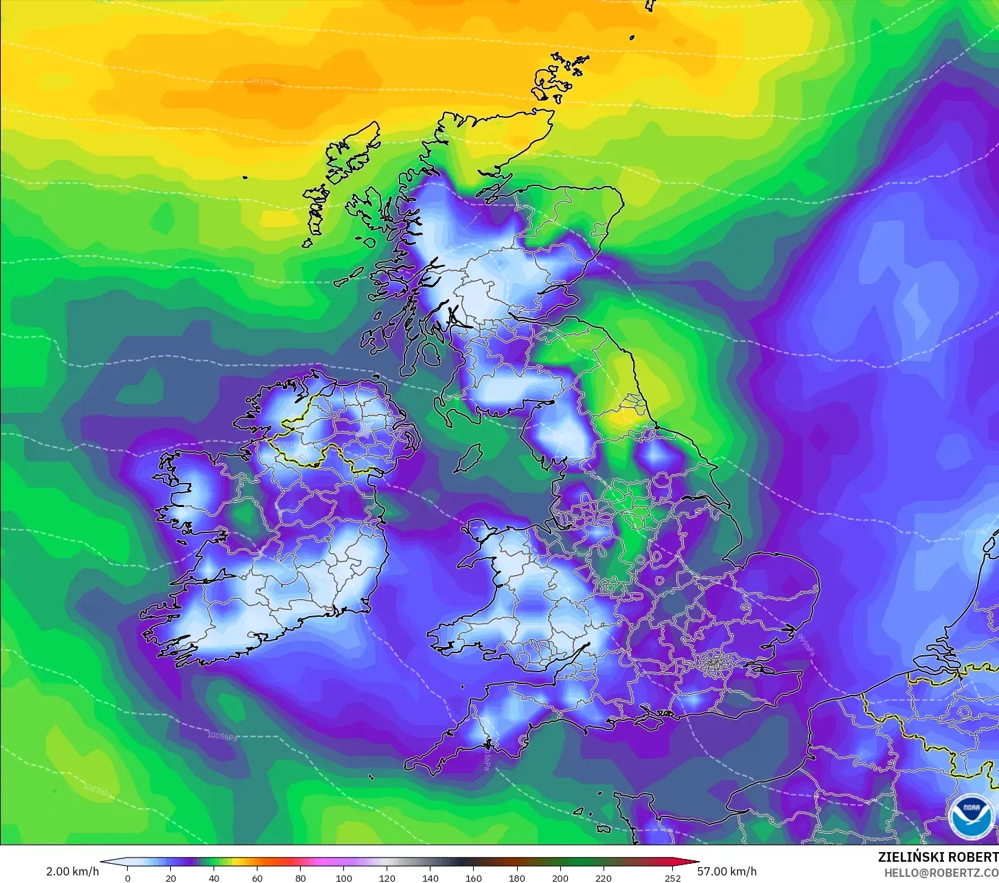 GFS model - Birleşik Krallık, En Yüksek Rüzgâr