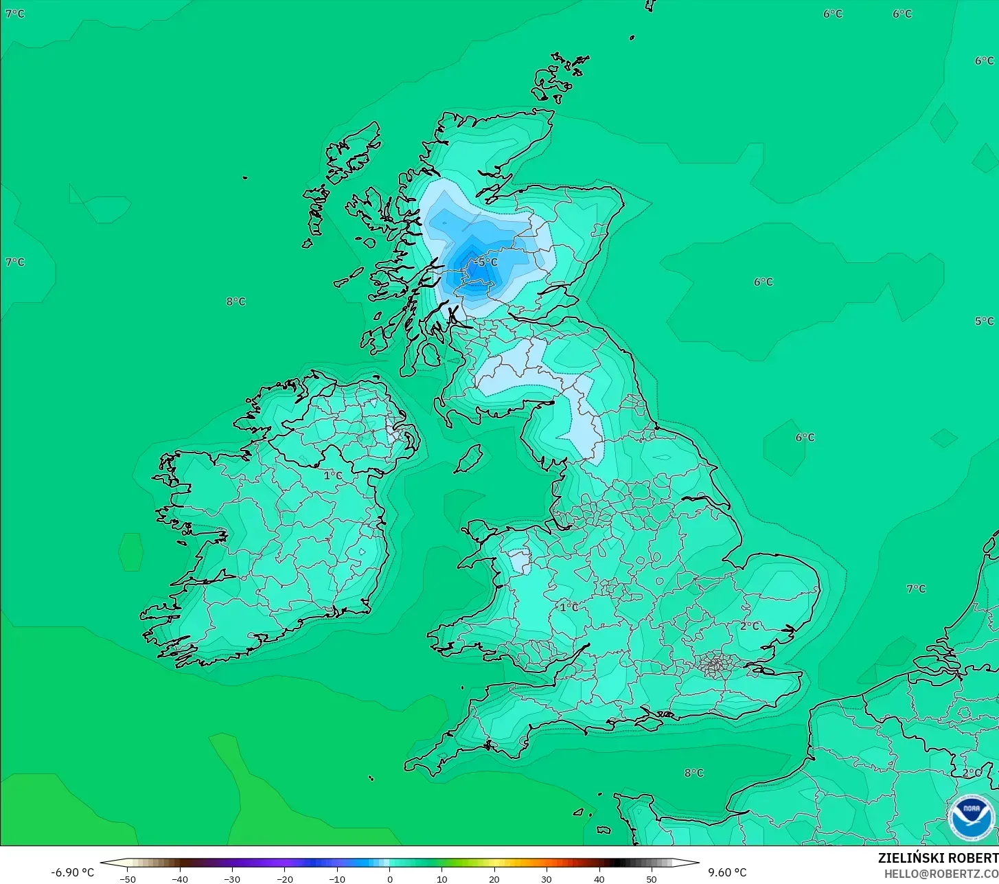 GFS model - Birleşik Krallık, 2 m Sıcaklık