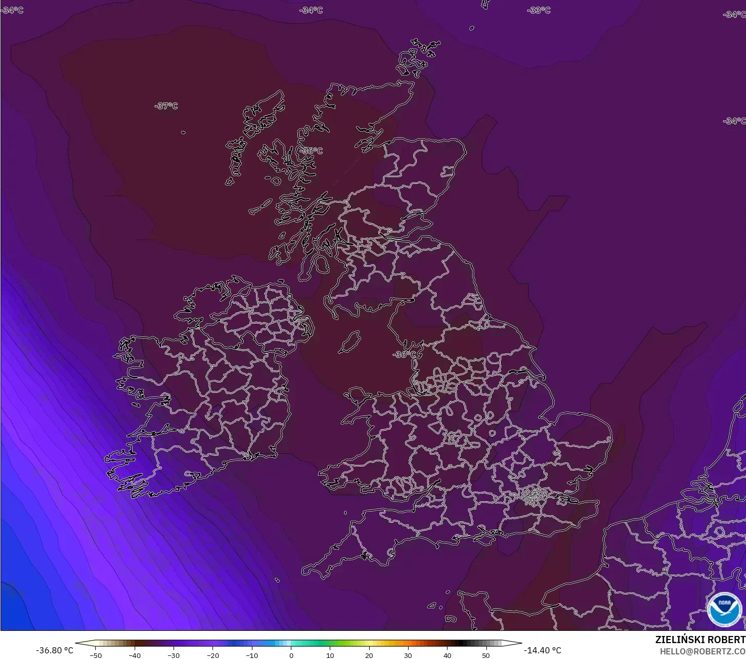 GFS model - Birleşik Krallık, 500 hPa Sıcaklık