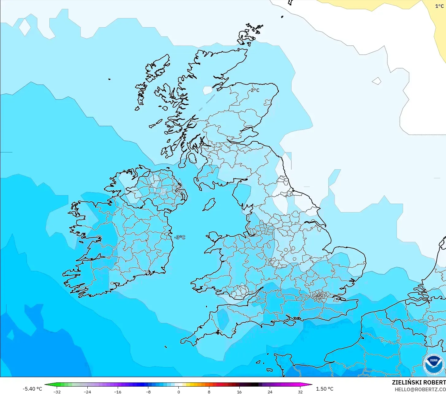 GFS model - Birleşik Krallık, 850 hPa Sıcaklık Anomalisi