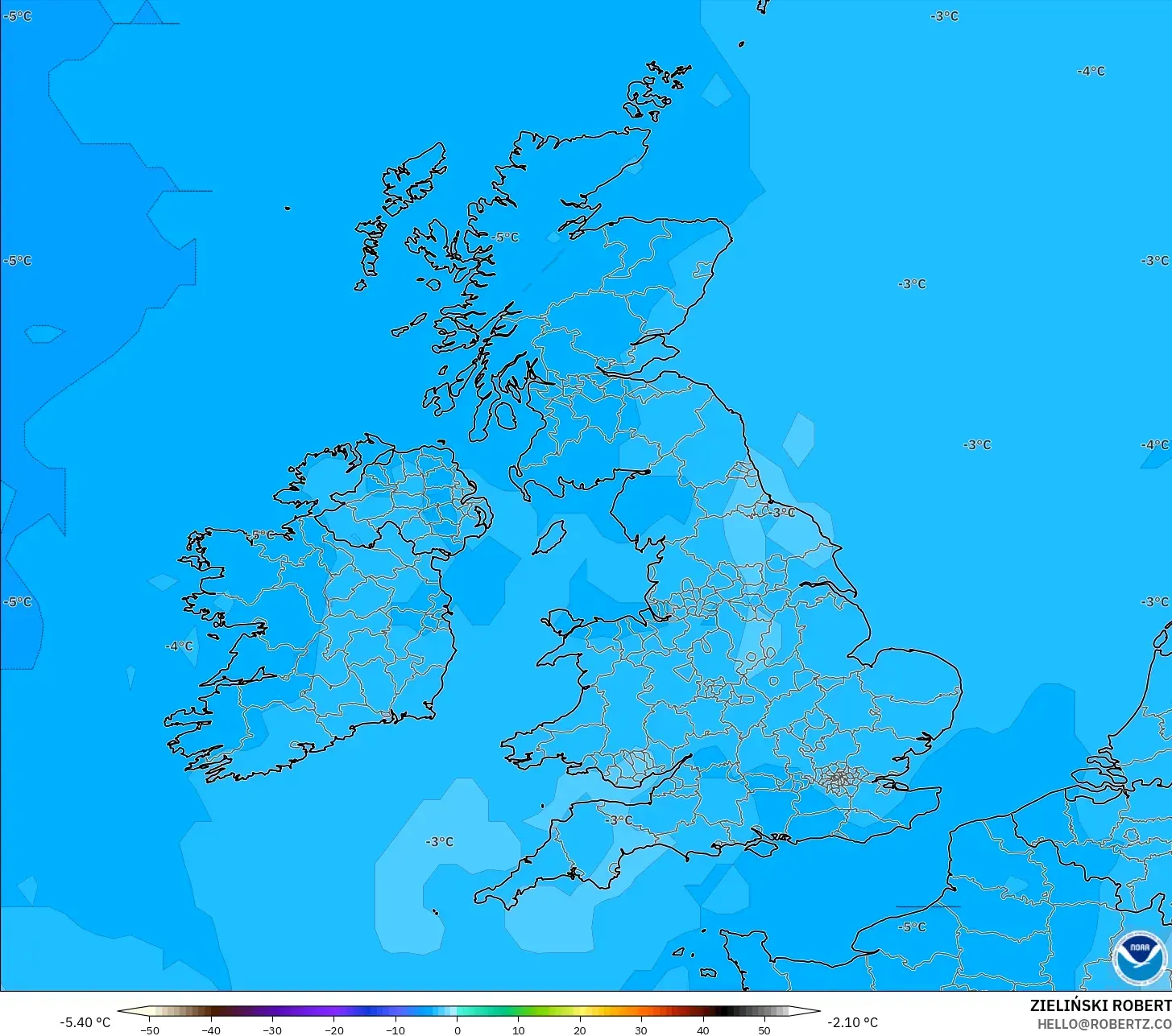 GFS model - Birleşik Krallık, 850 hPa Sıcaklık