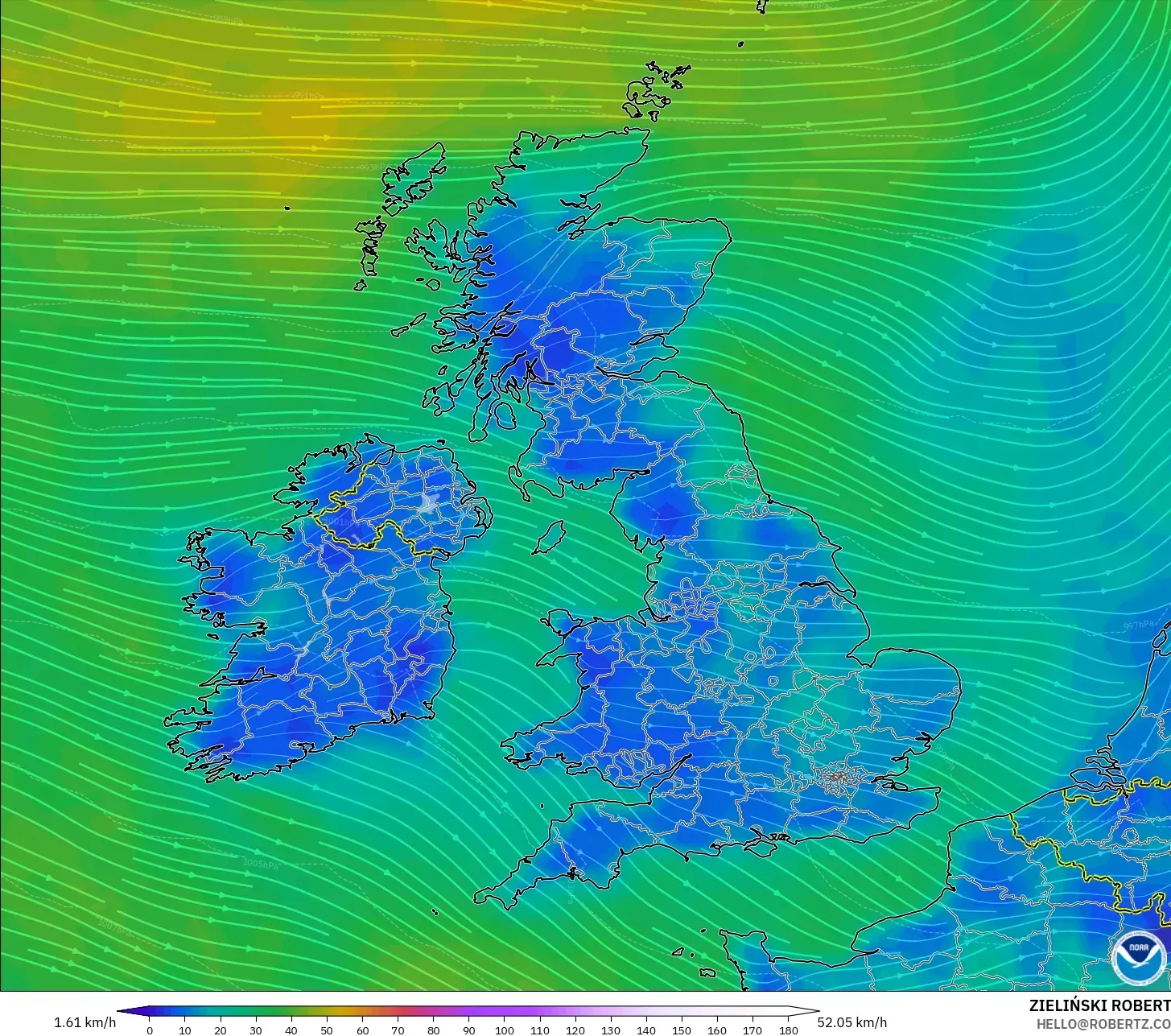 GFS model - Birleşik Krallık, 10 m Rüzgâr