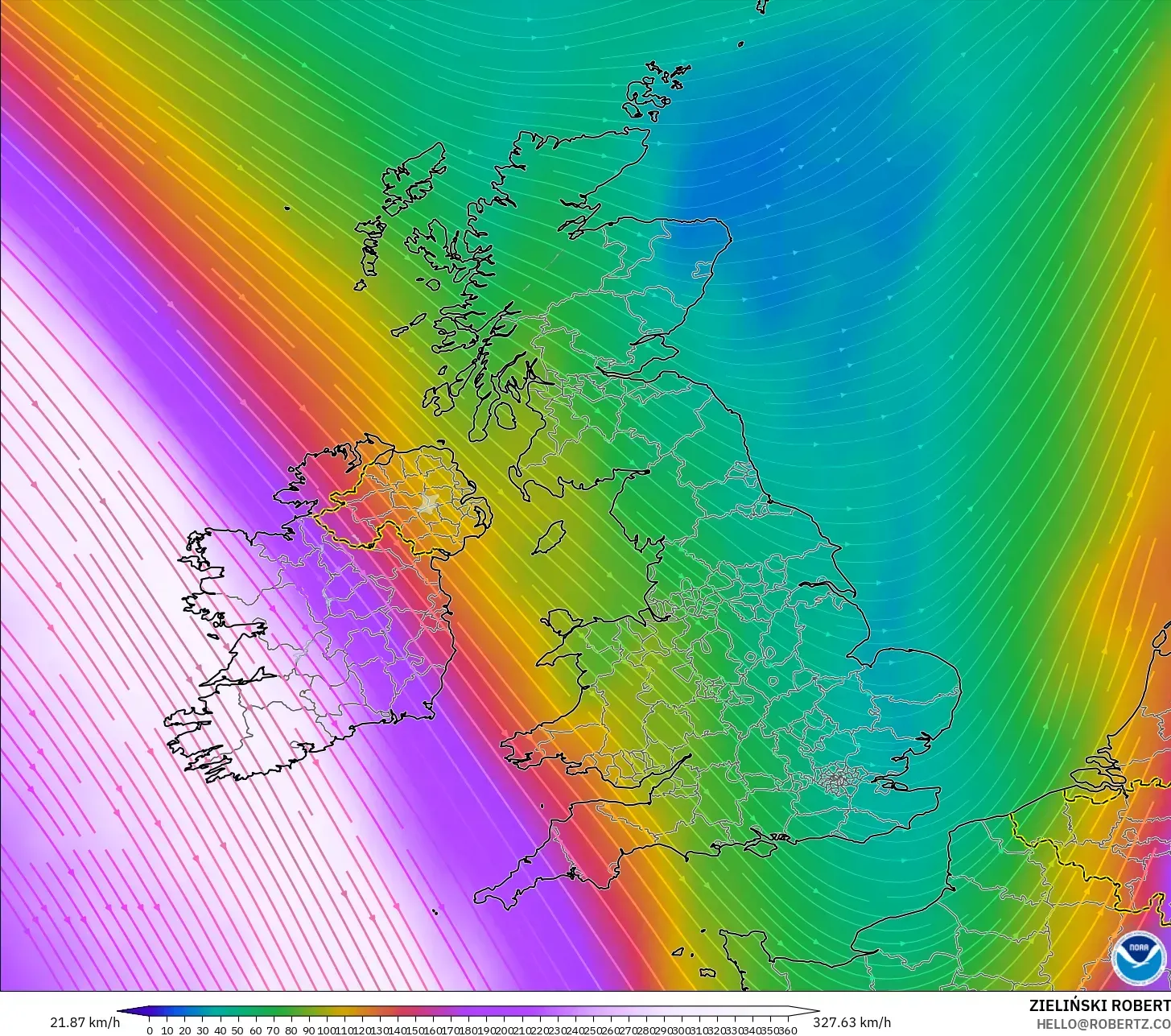 GFS model - Birleşik Krallık, 300 hPa Rüzgârı (jet)