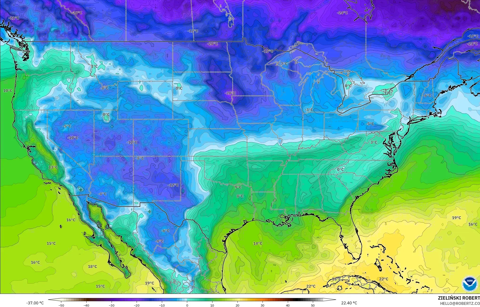 GFS model - Amerika Birleşik Devletleri, 2 m Çiy Noktası