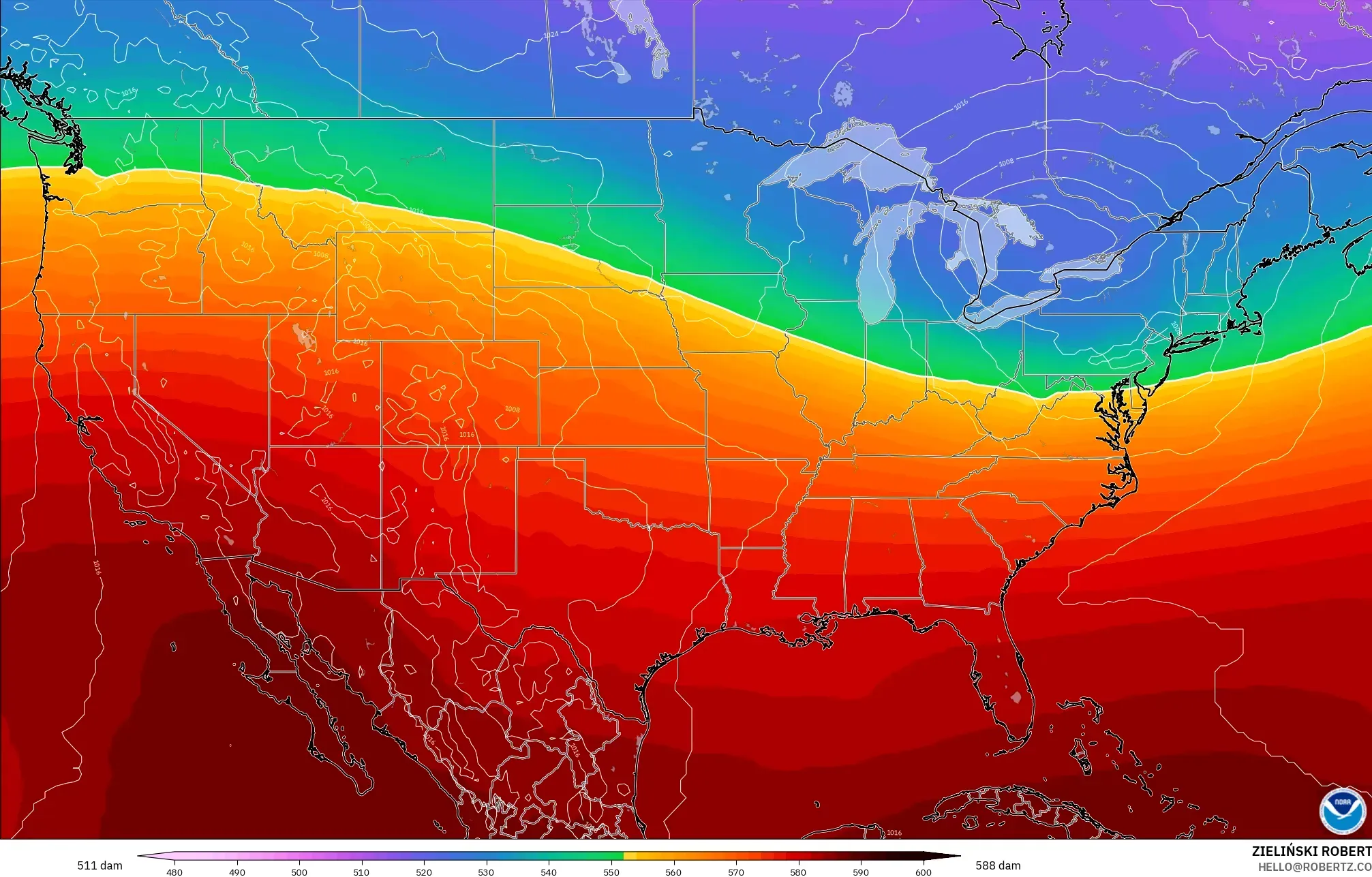 GFS model - Amerika Birleşik Devletleri, 500 hPa’da jeopotansiyel yükseklik