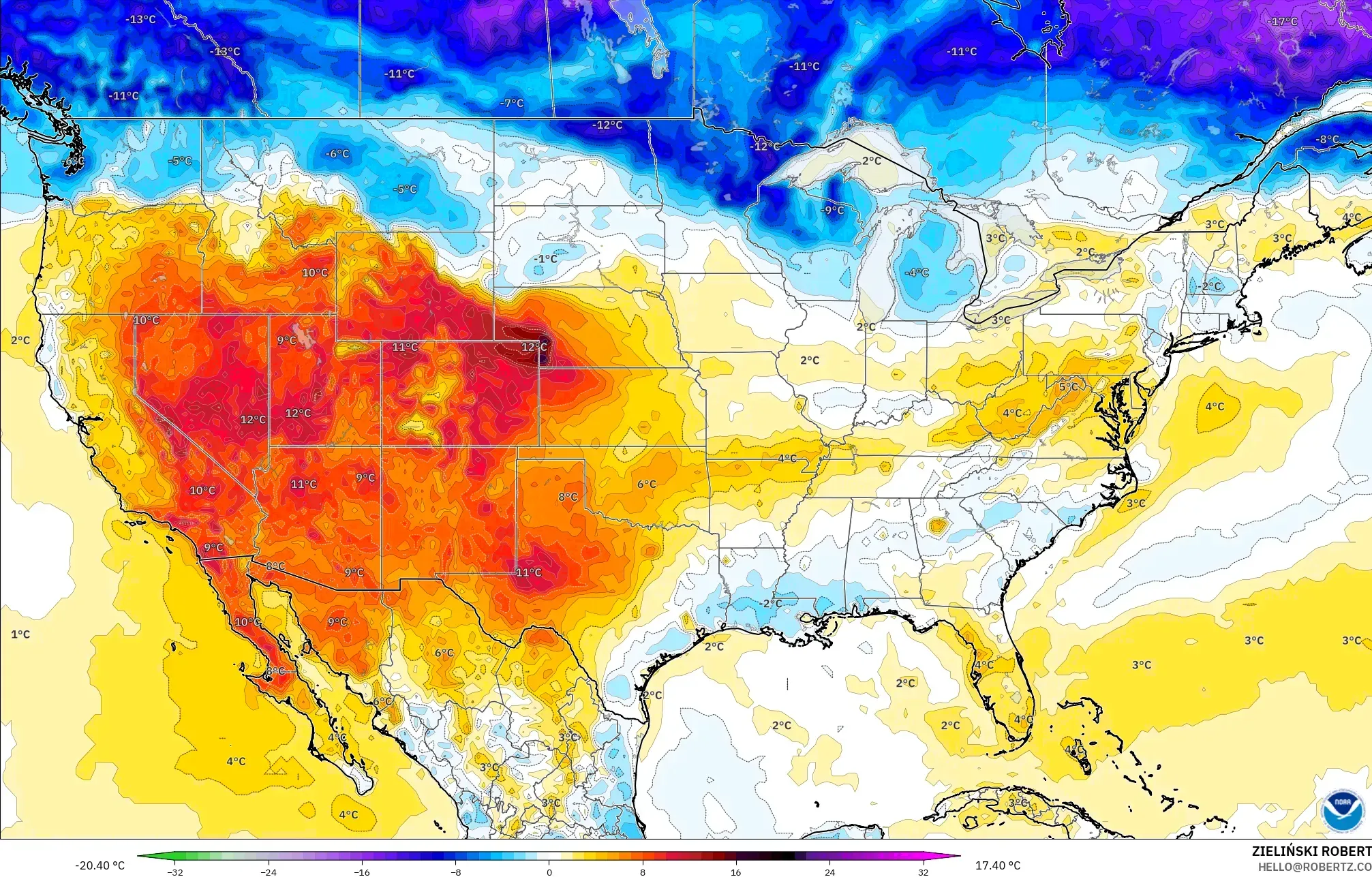 GFS model - Amerika Birleşik Devletleri, 2 m Sıcaklık Anomalisi