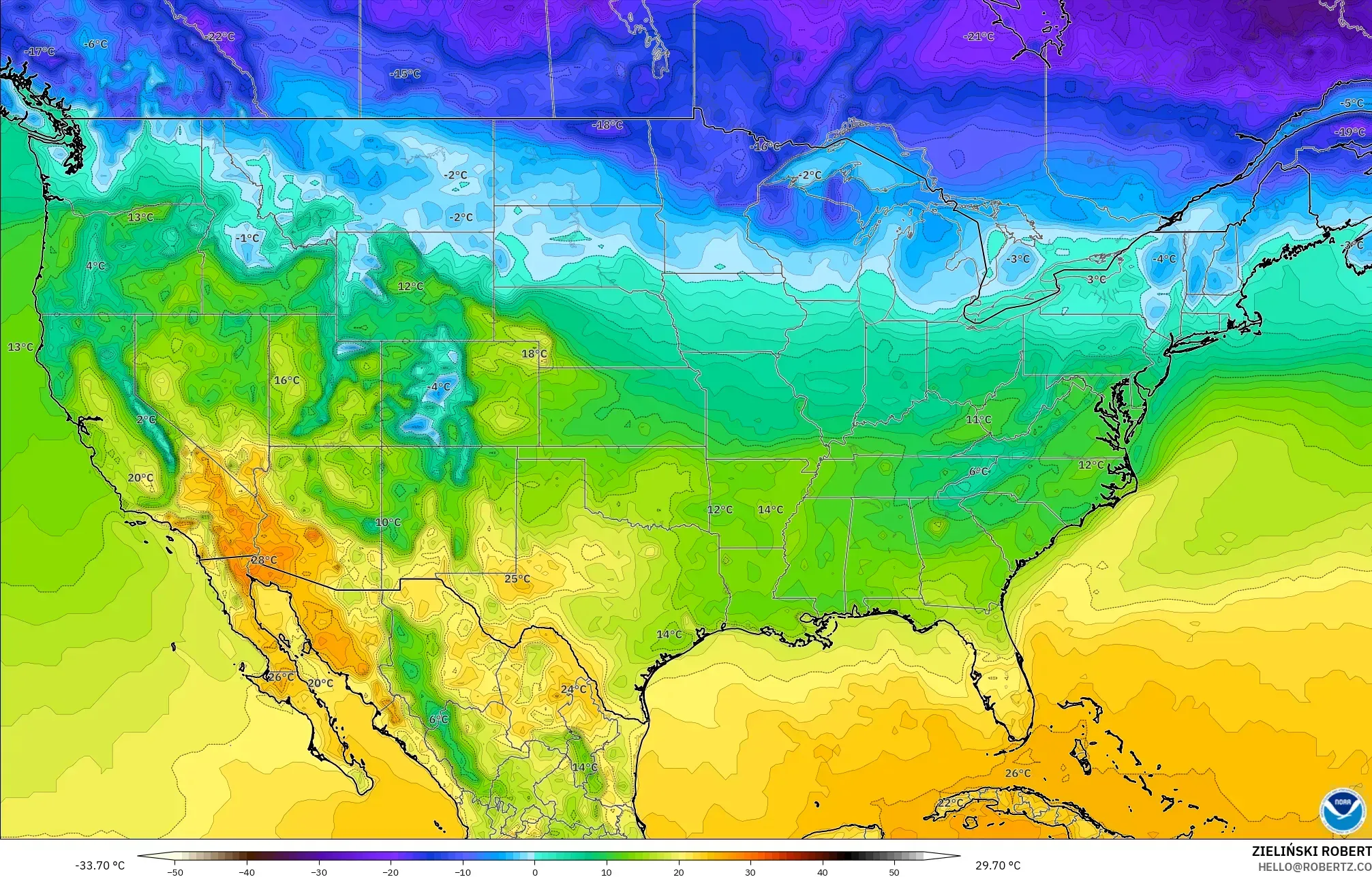 GFS model - Amerika Birleşik Devletleri, 2 m Sıcaklık