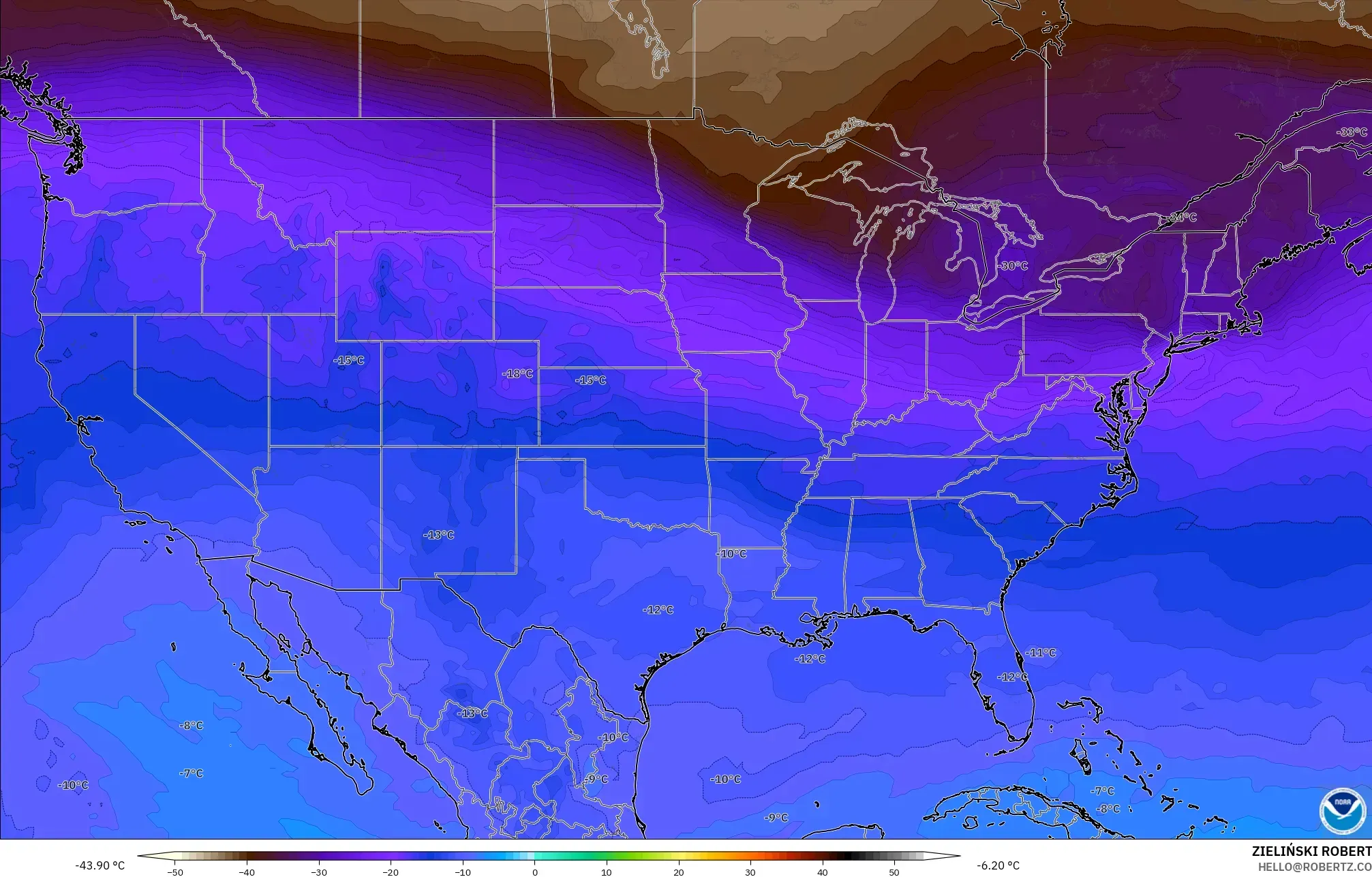 GFS model - Amerika Birleşik Devletleri, 500 hPa Sıcaklık