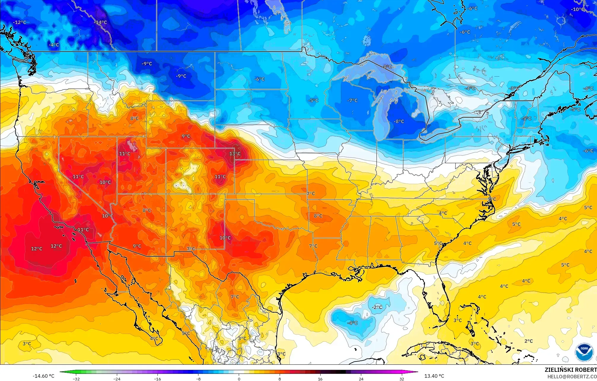 GFS model - Amerika Birleşik Devletleri, 850 hPa Sıcaklık Anomalisi