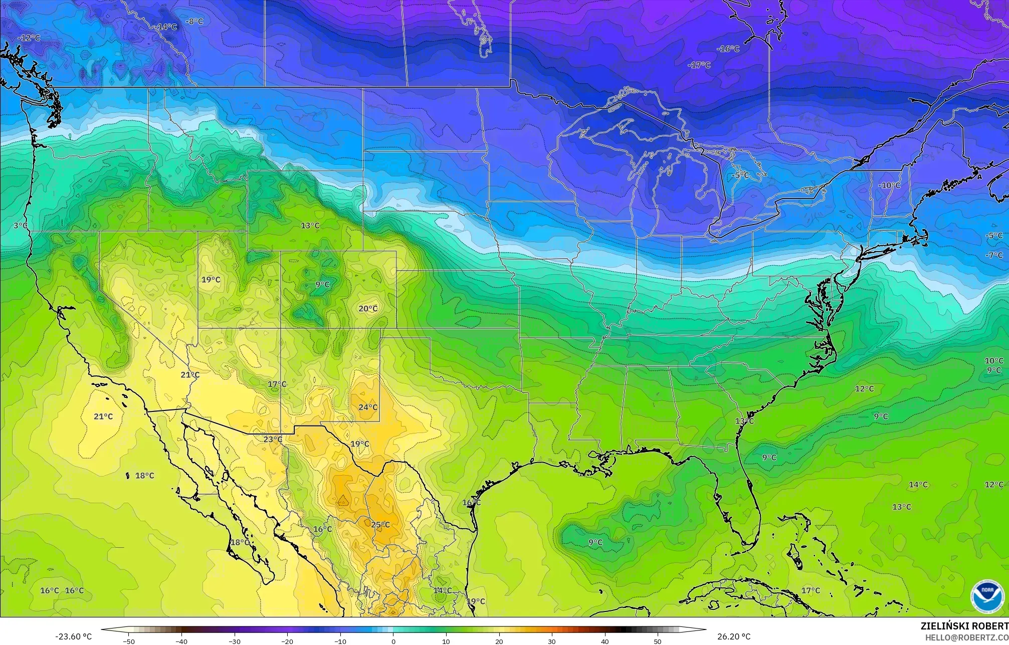 GFS model - Amerika Birleşik Devletleri, 850 hPa Sıcaklık