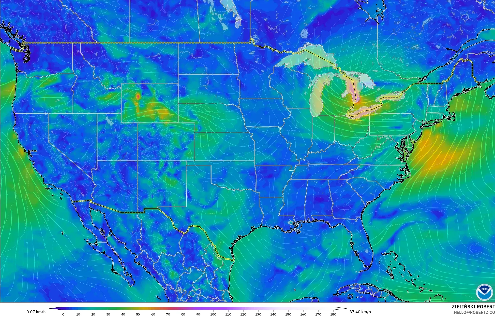 GFS model - Amerika Birleşik Devletleri, 10 m Rüzgâr