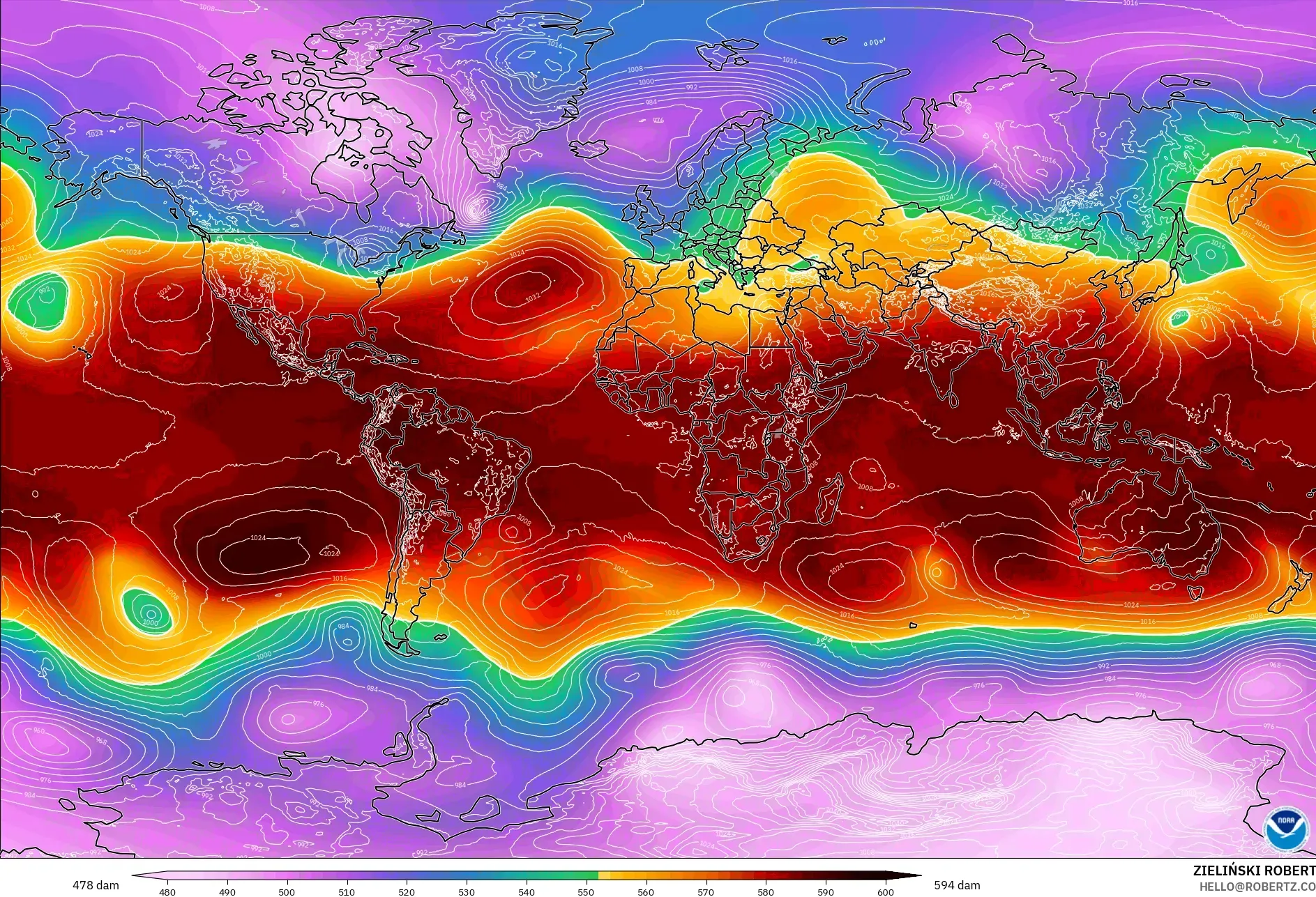 GFS model - Dünya, 500 hPa’da jeopotansiyel yükseklik