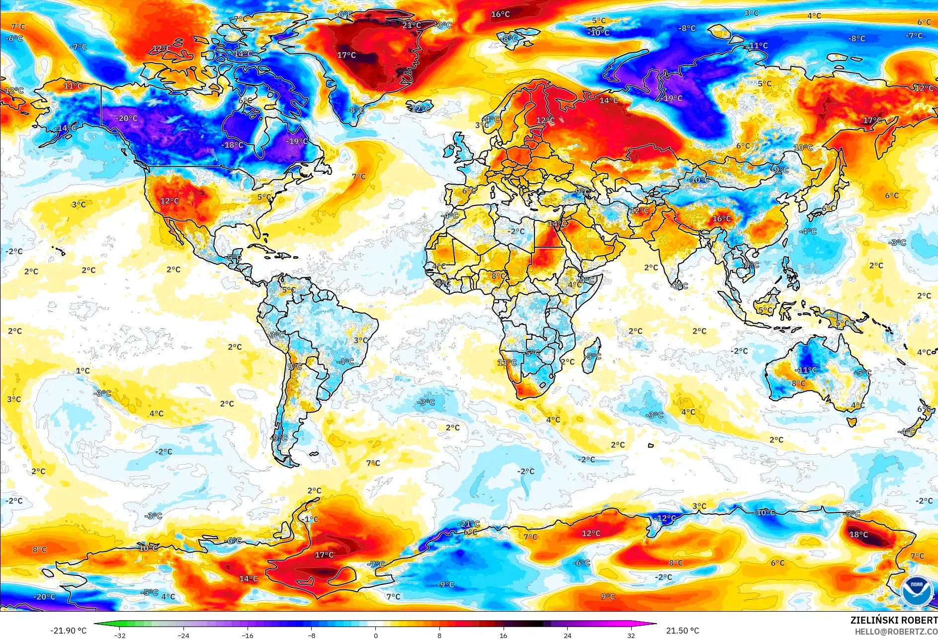 GFS model - Dünya, 2 m Sıcaklık Anomalisi