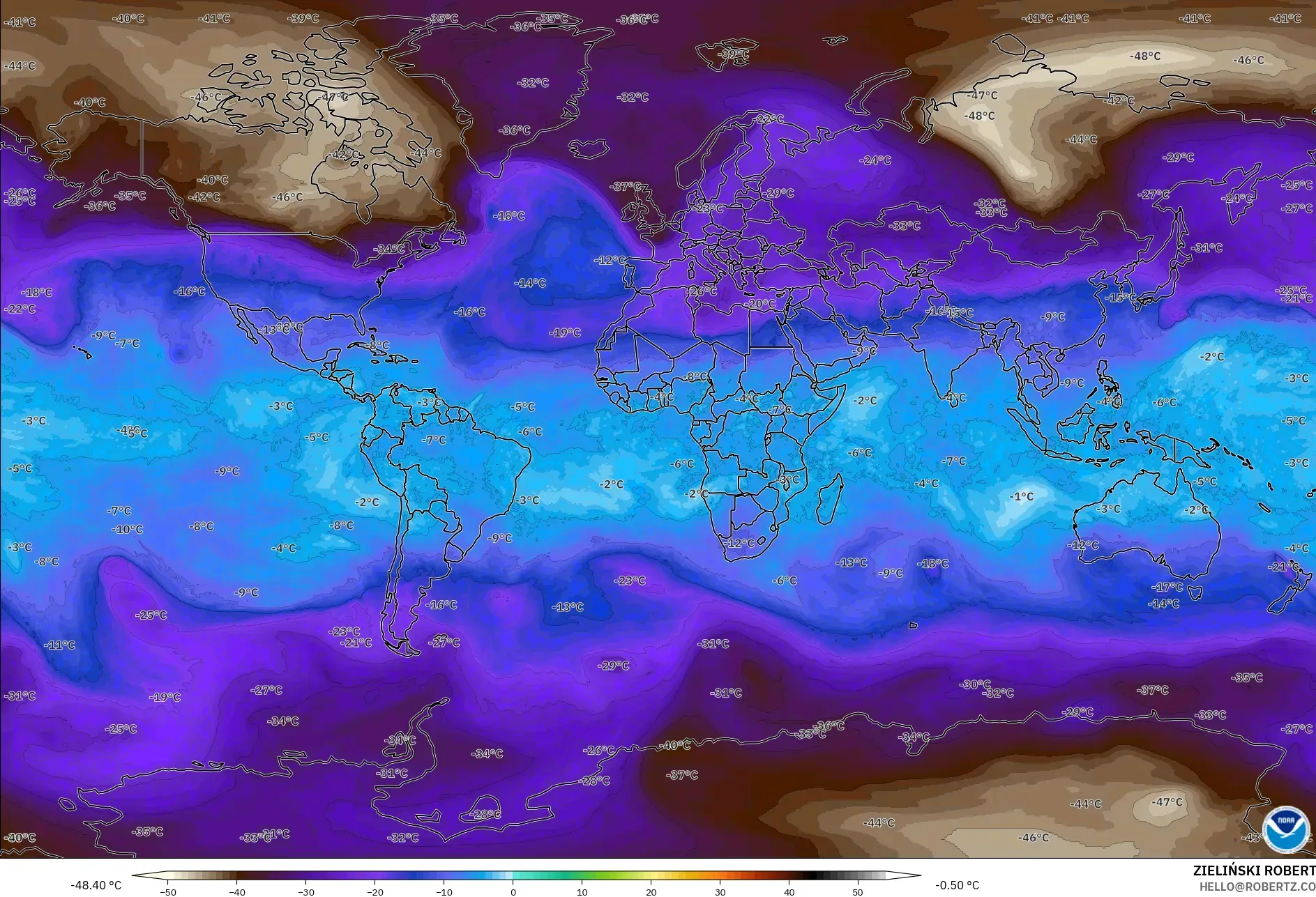 GFS model - Dünya, 500 hPa Sıcaklık