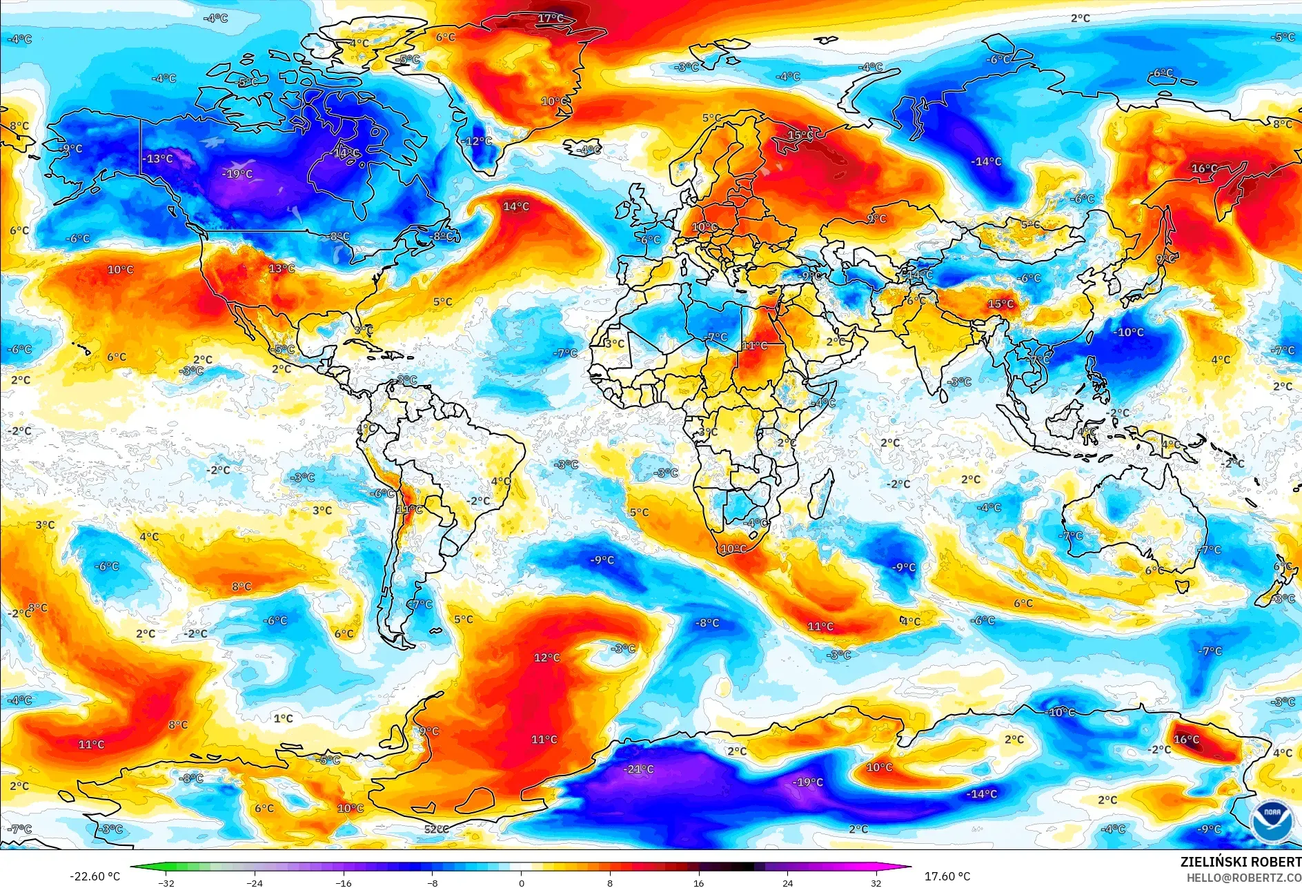 GFS model - Dünya, 850 hPa Sıcaklık Anomalisi