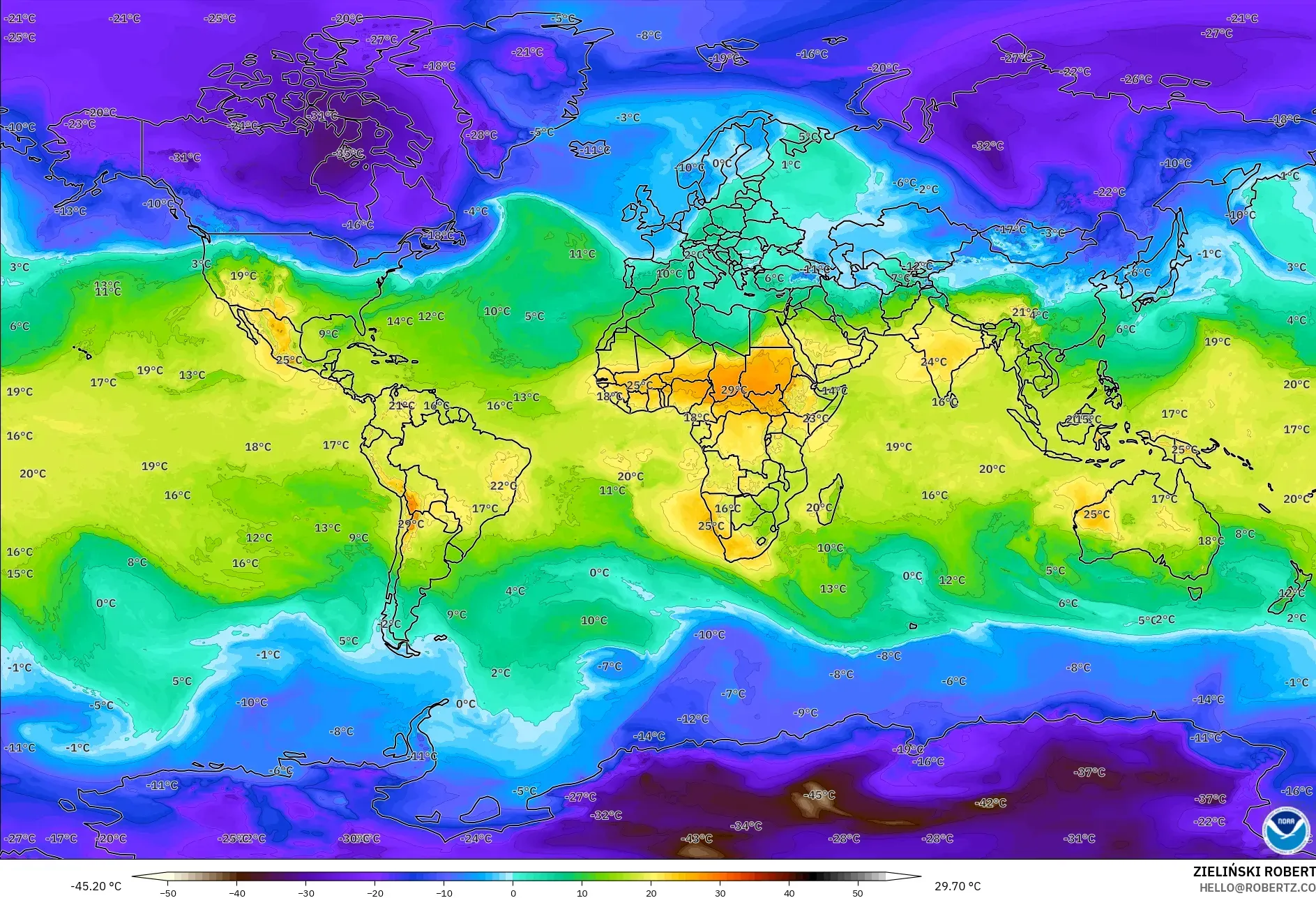 GFS model - Dünya, 850 hPa Sıcaklık