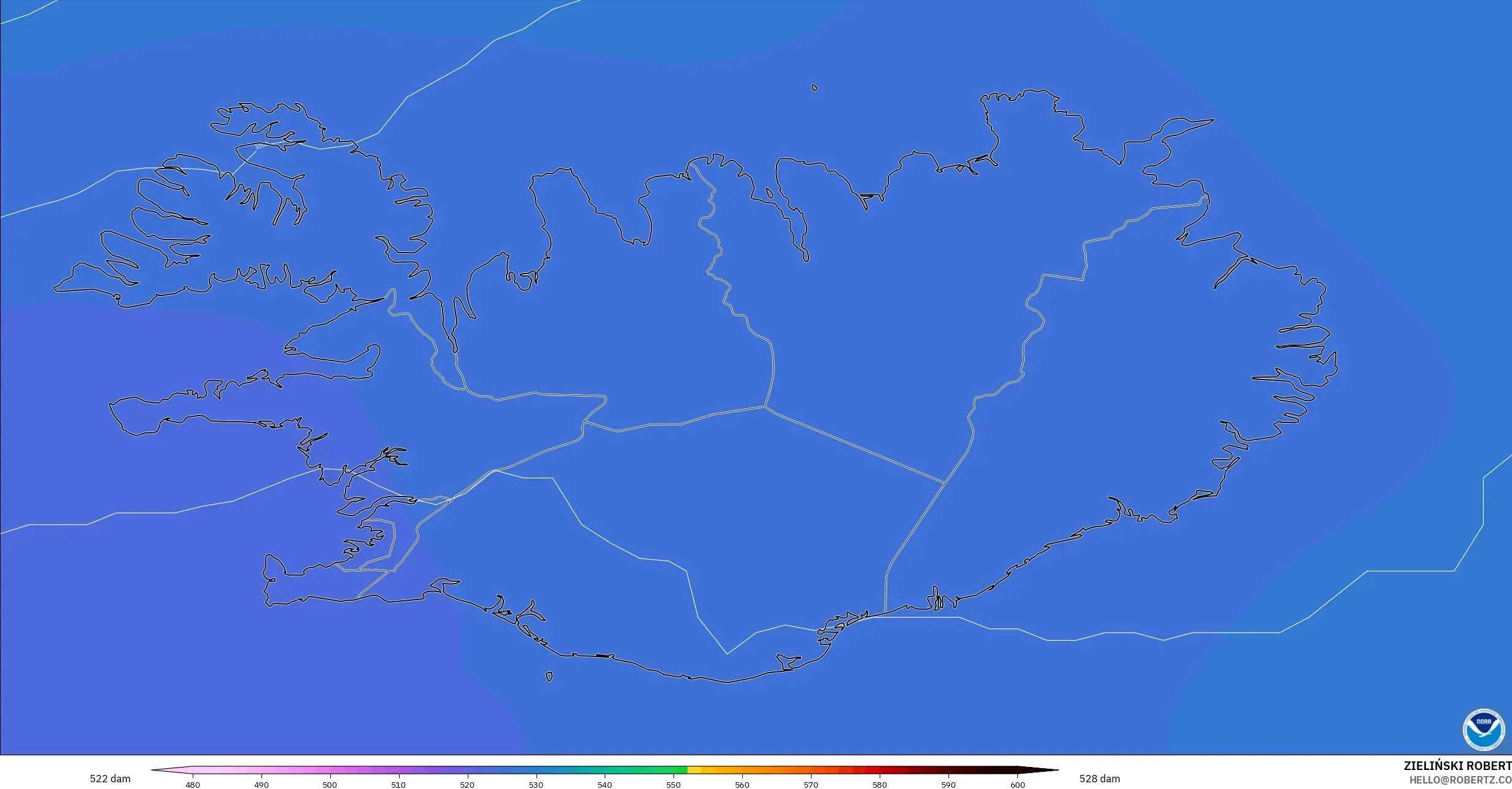 GFS model - İzlanda, 500 hPa’da jeopotansiyel yükseklik