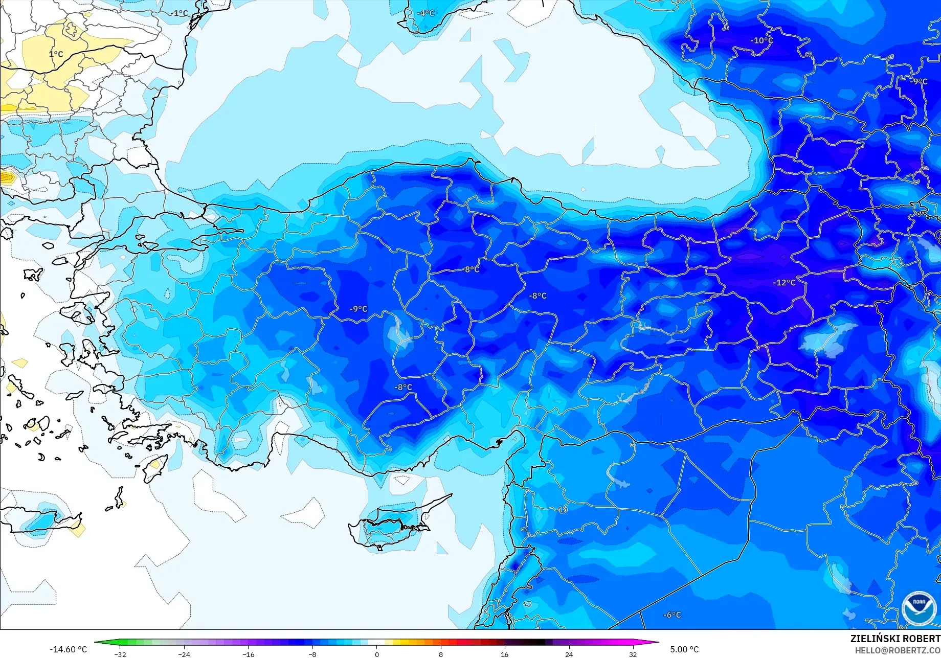 GFS model - Türkiye, 2 m Sıcaklık Anomalisi