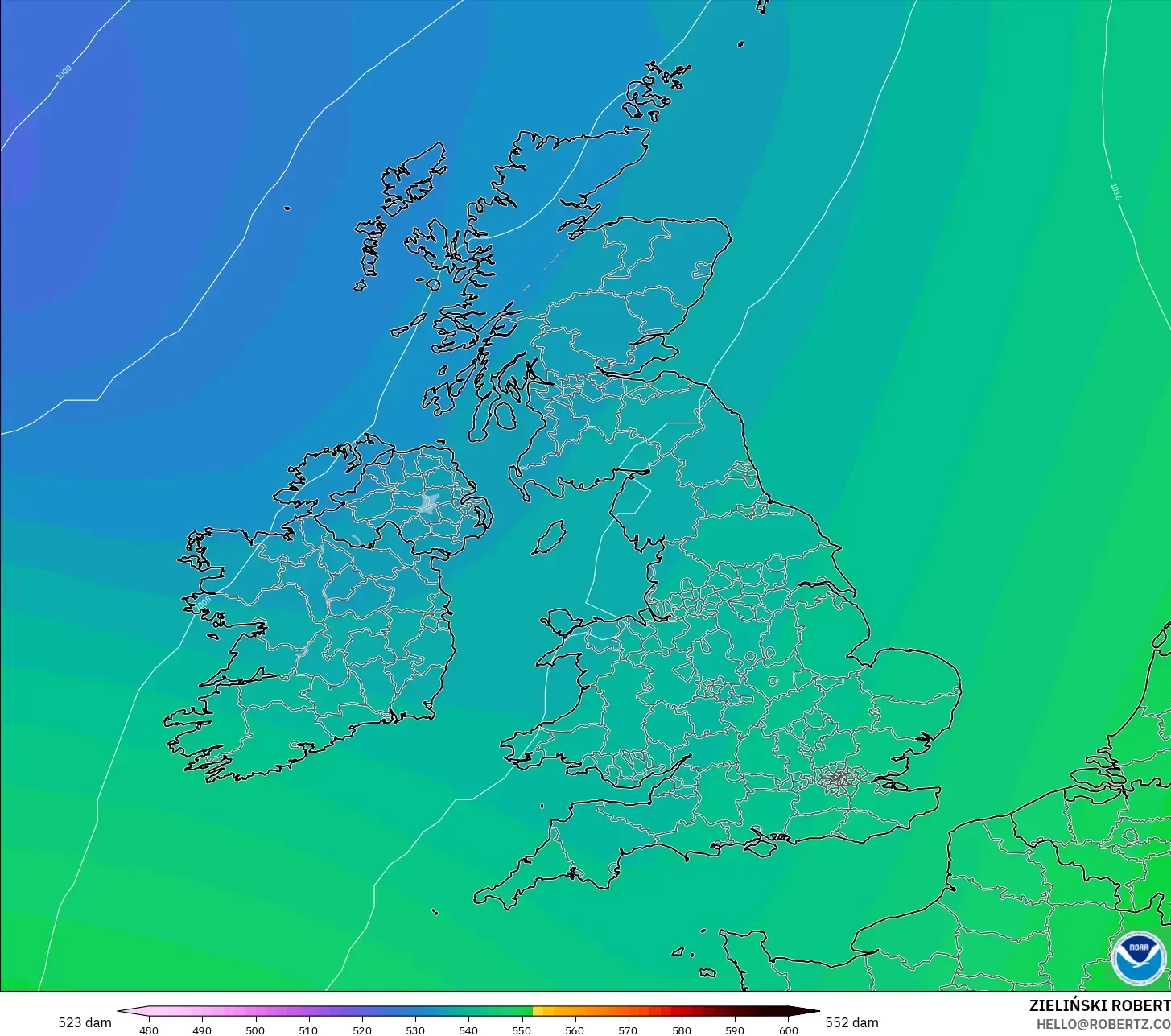 GFS model - Birleşik Krallık, 500 hPa’da jeopotansiyel yükseklik