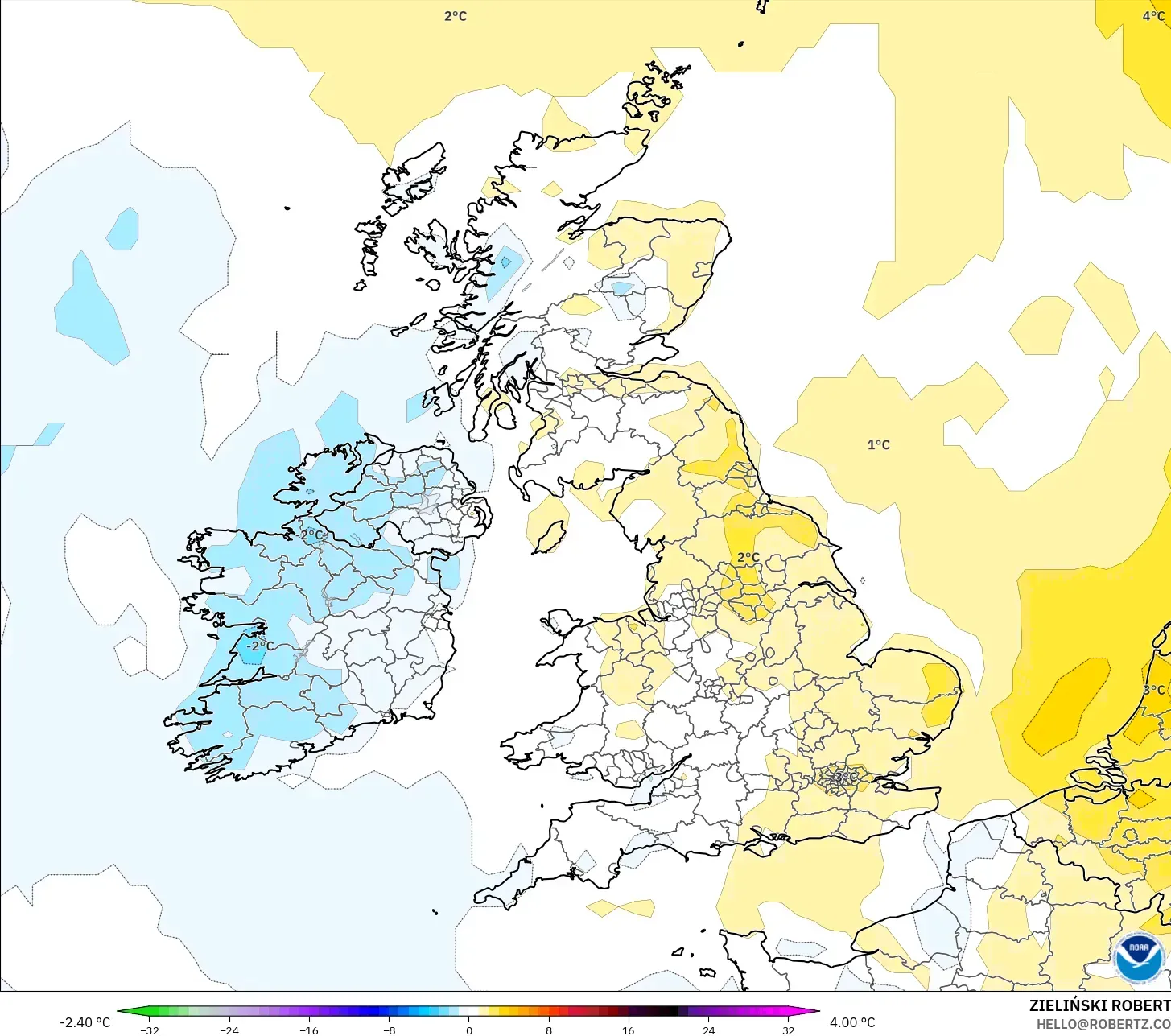GFS model - Birleşik Krallık, 2 m Sıcaklık Anomalisi