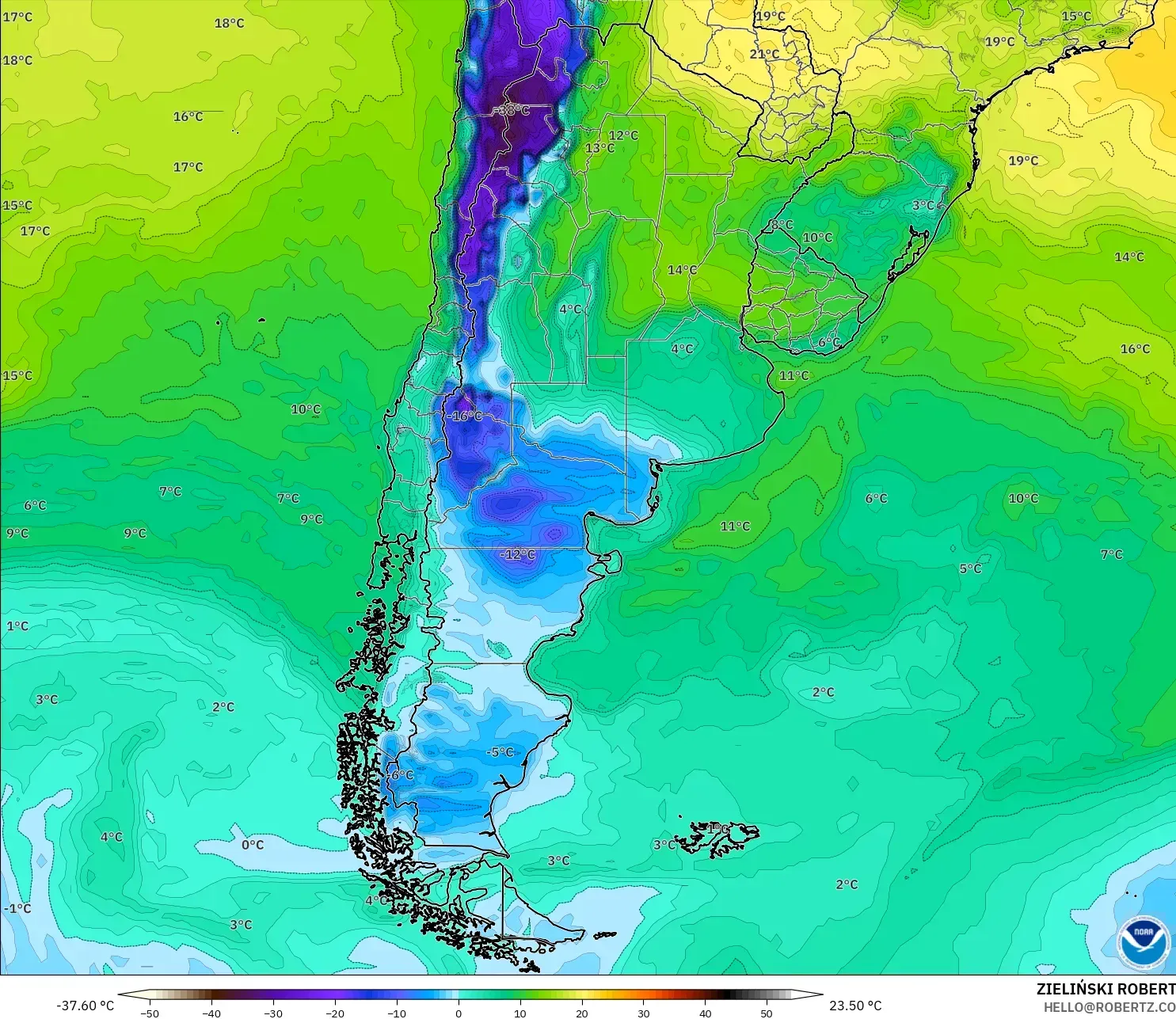 GFS model - Arjantin, 2 m Çiy Noktası