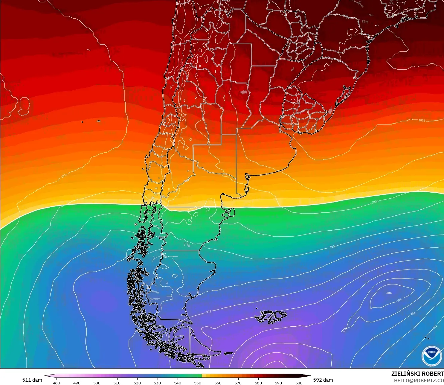 GFS model - Arjantin, 500 hPa’da jeopotansiyel yükseklik