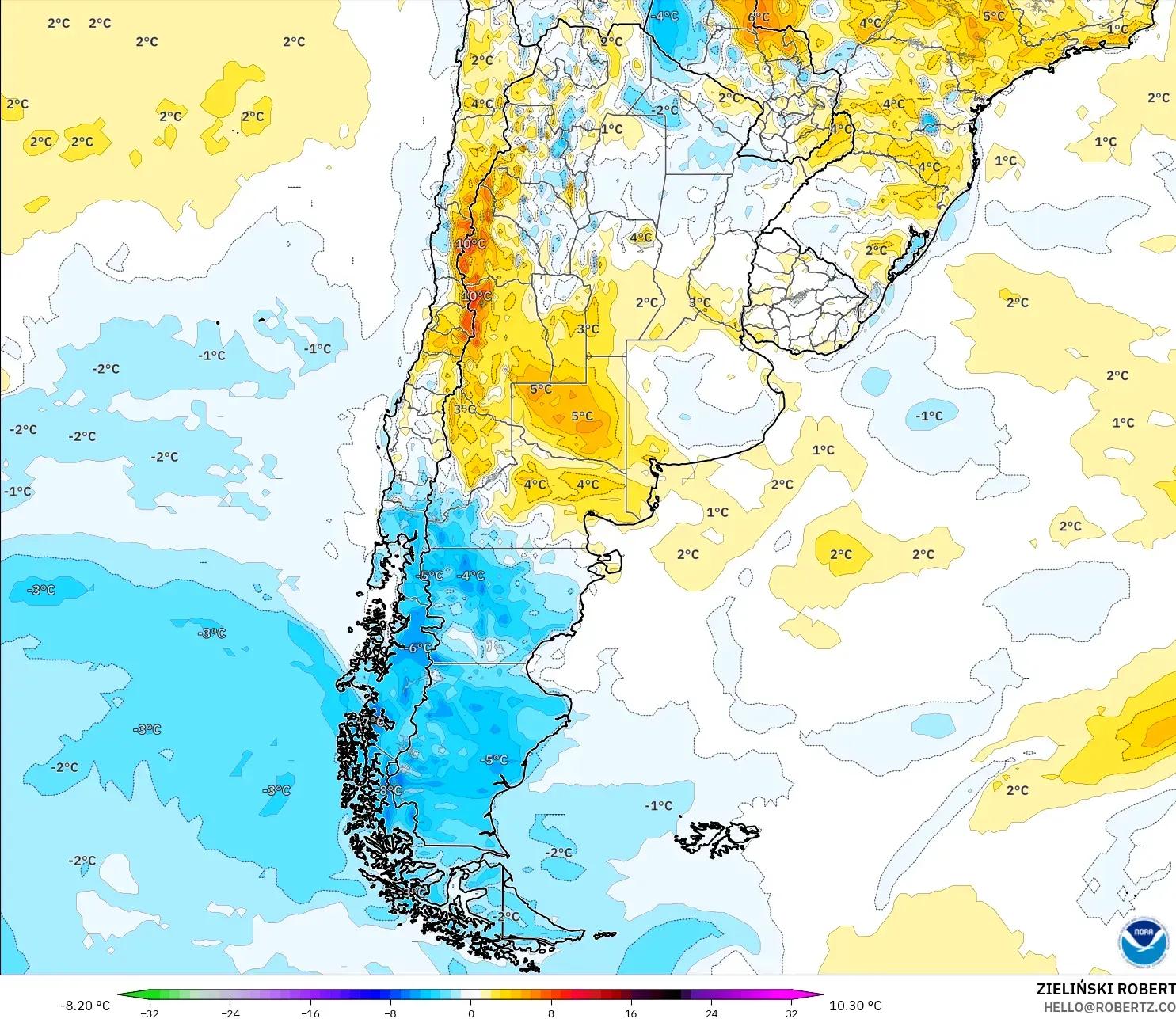 GFS model - Arjantin, 2 m Sıcaklık Anomalisi