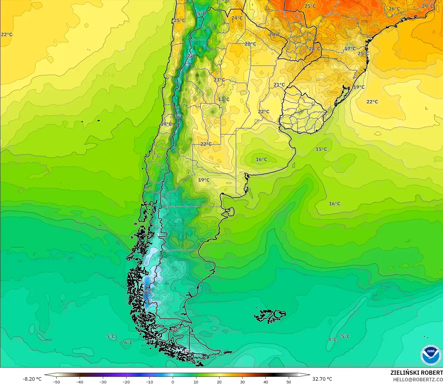 GFS model - Arjantin, 2 m Sıcaklık