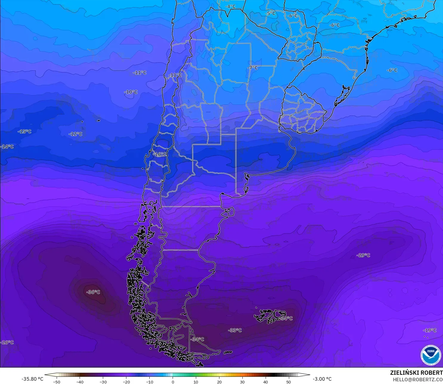 GFS model - Arjantin, 500 hPa Sıcaklık
