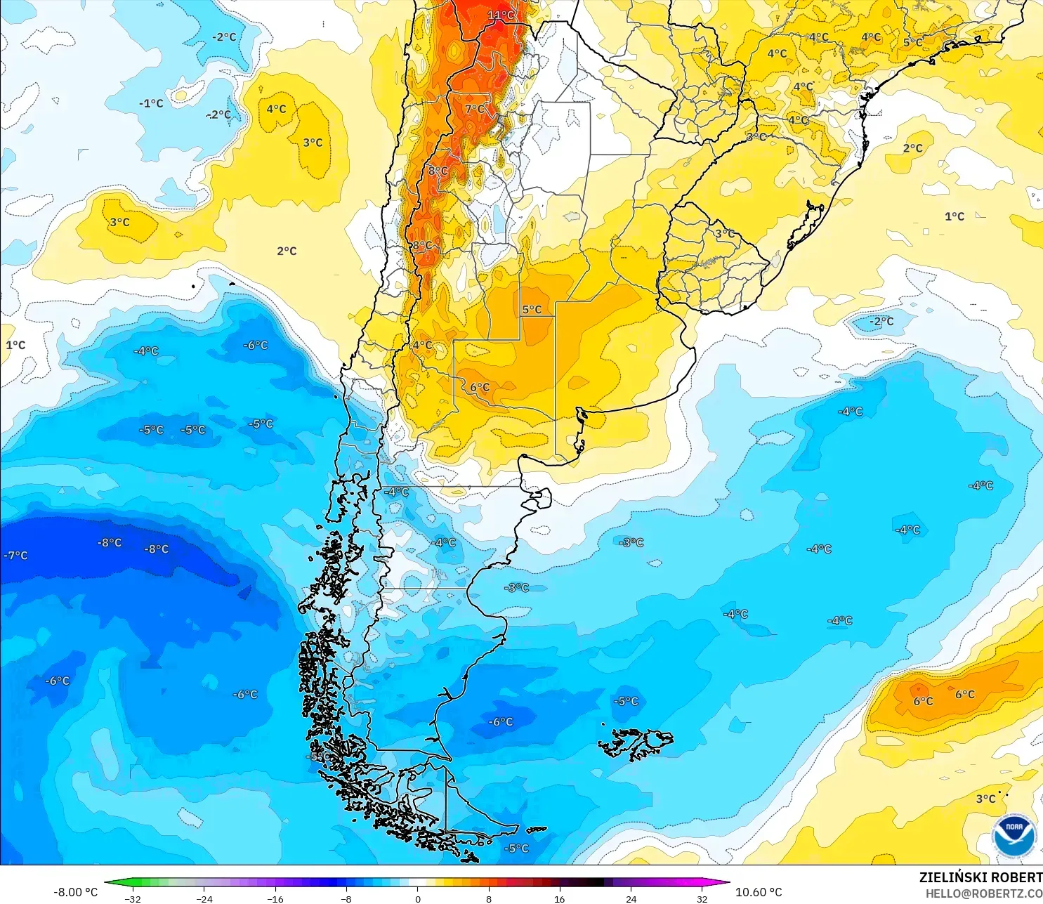 GFS model - Arjantin, 850 hPa Sıcaklık Anomalisi