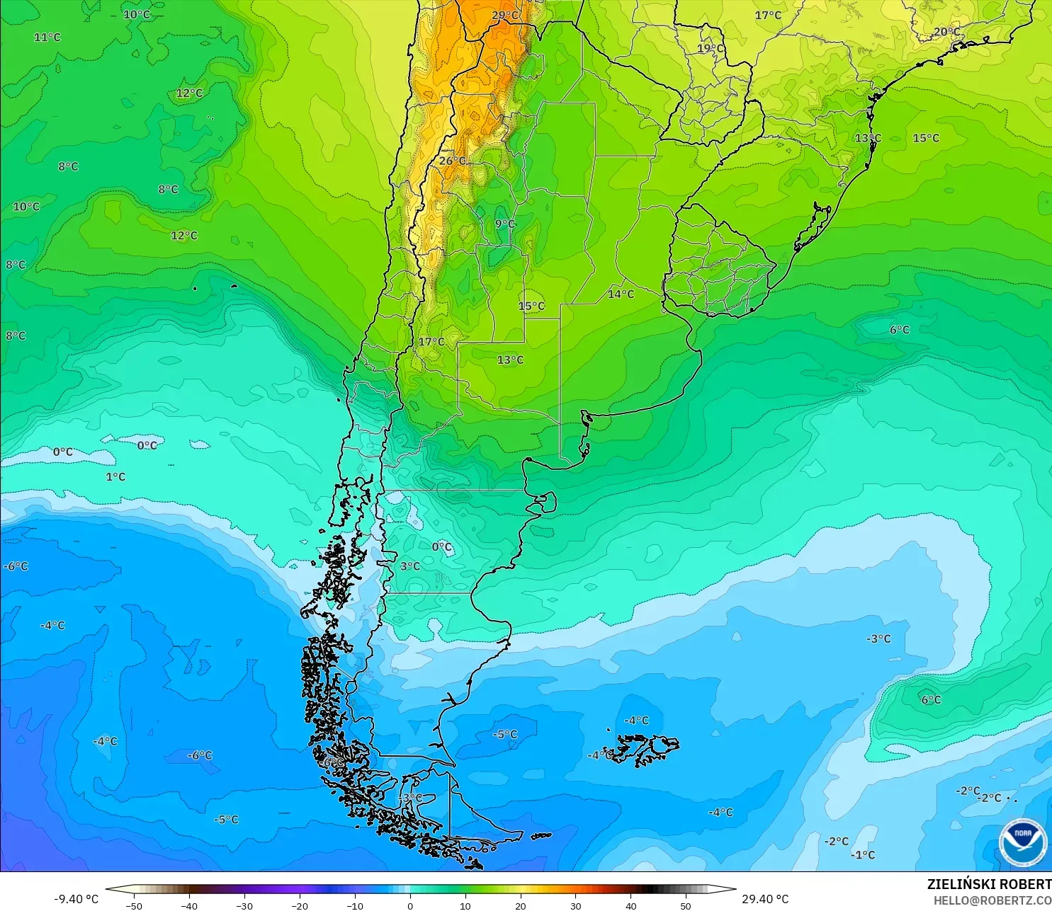 GFS model - Arjantin, 850 hPa Sıcaklık