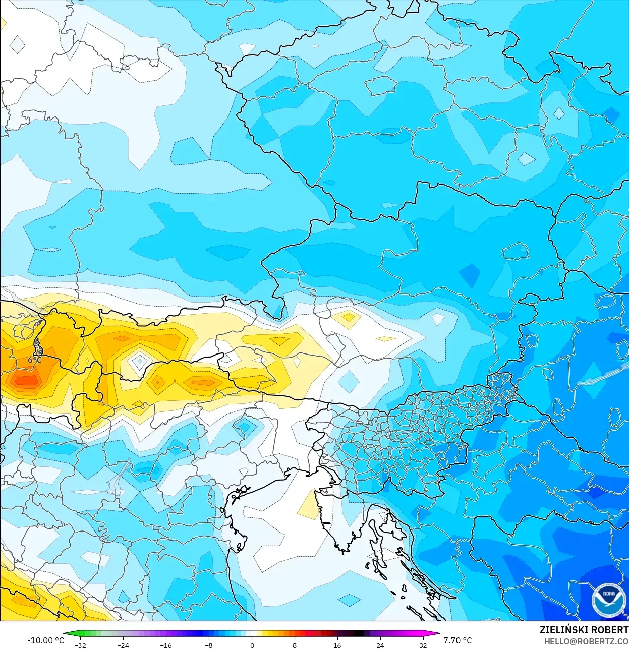 GFS model - Avusturya, 2 m Sıcaklık Anomalisi