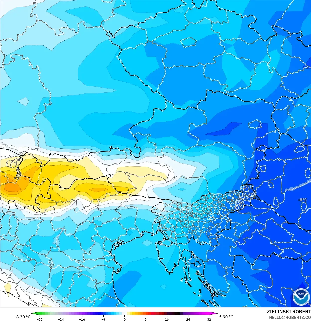 GFS model - Avusturya, 850 hPa Sıcaklık Anomalisi