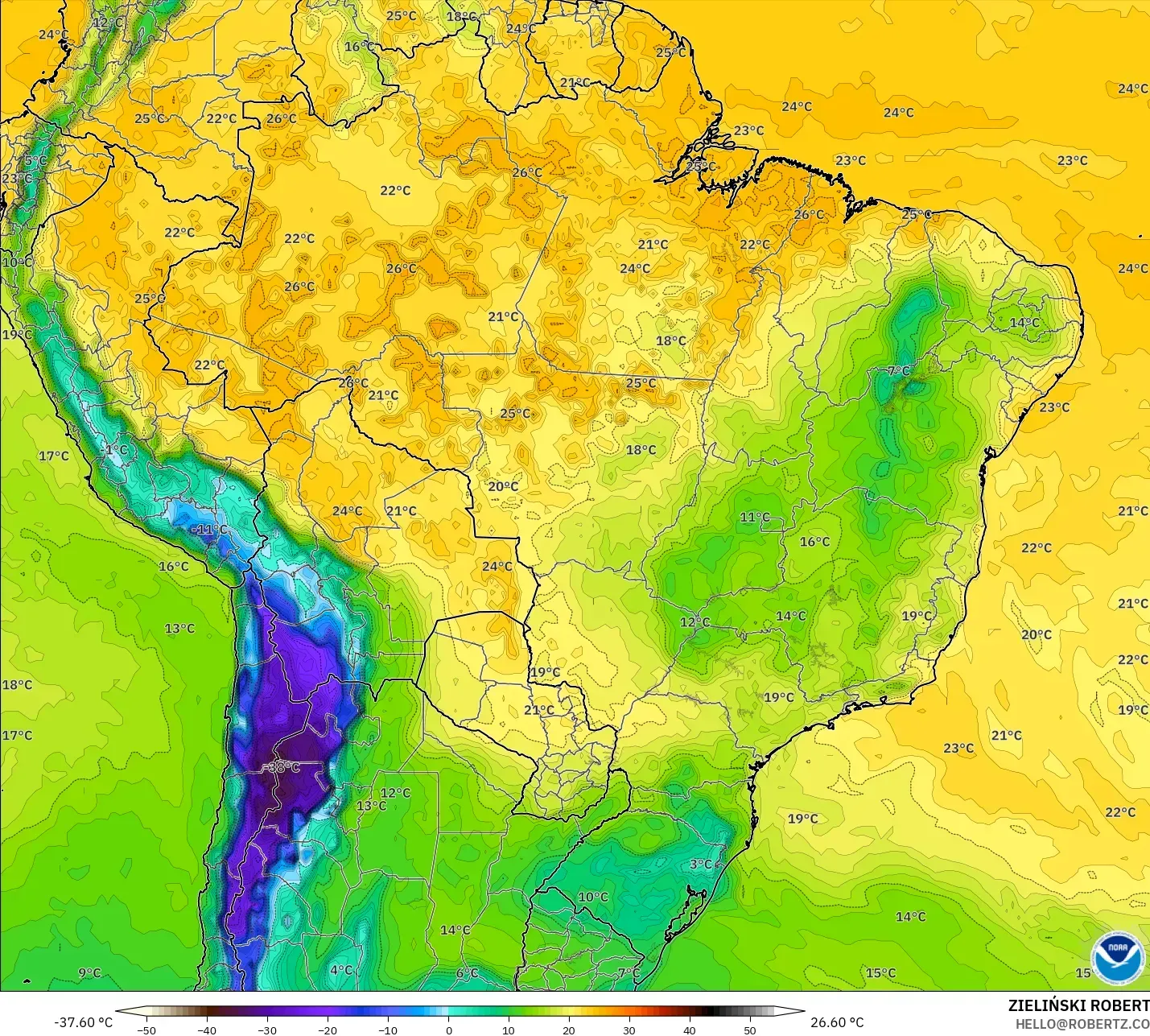 GFS model - Brezilya, 2 m Çiy Noktası
