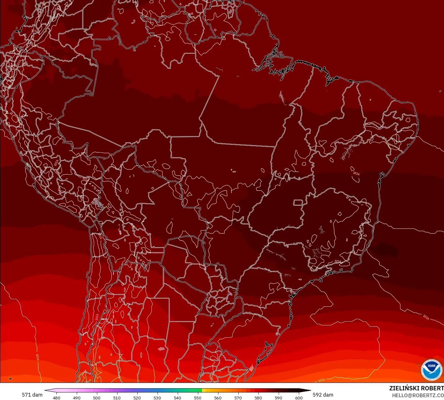 GFS model - Brezilya, 500 hPa’da jeopotansiyel yükseklik