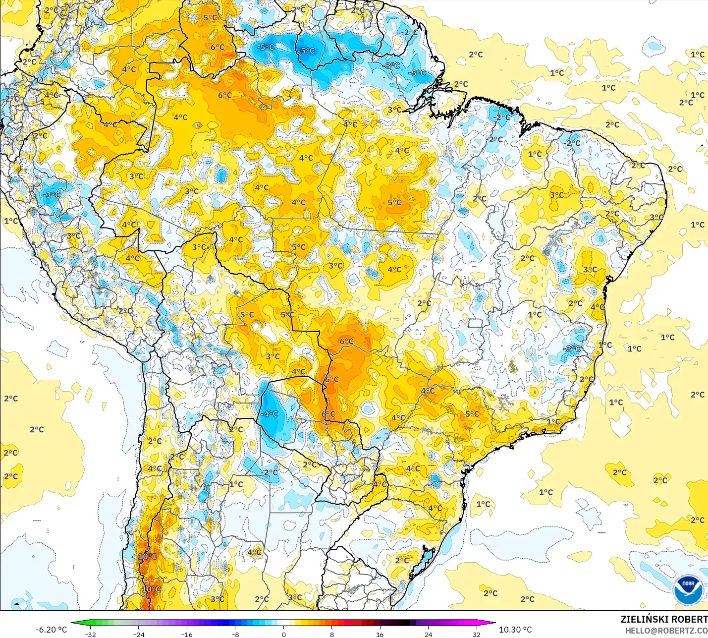 GFS model - Brezilya, 2 m Sıcaklık Anomalisi