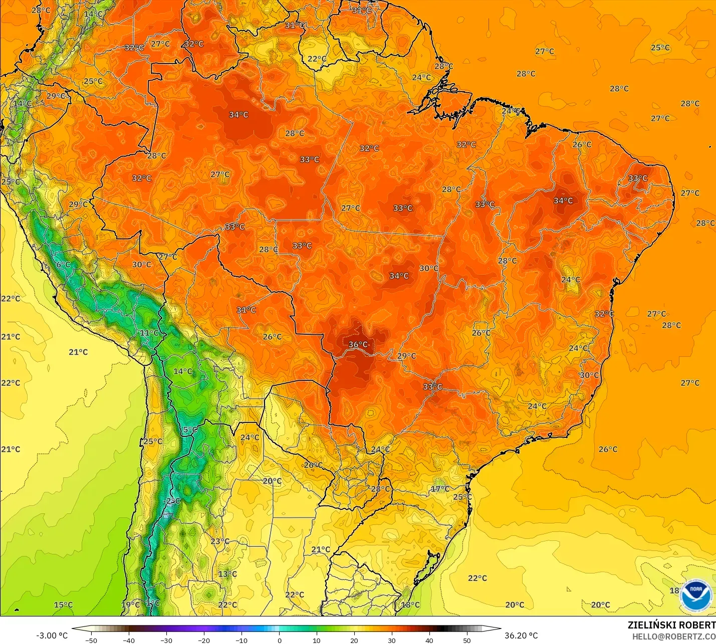 GFS model - Brezilya, 2 m Sıcaklık
