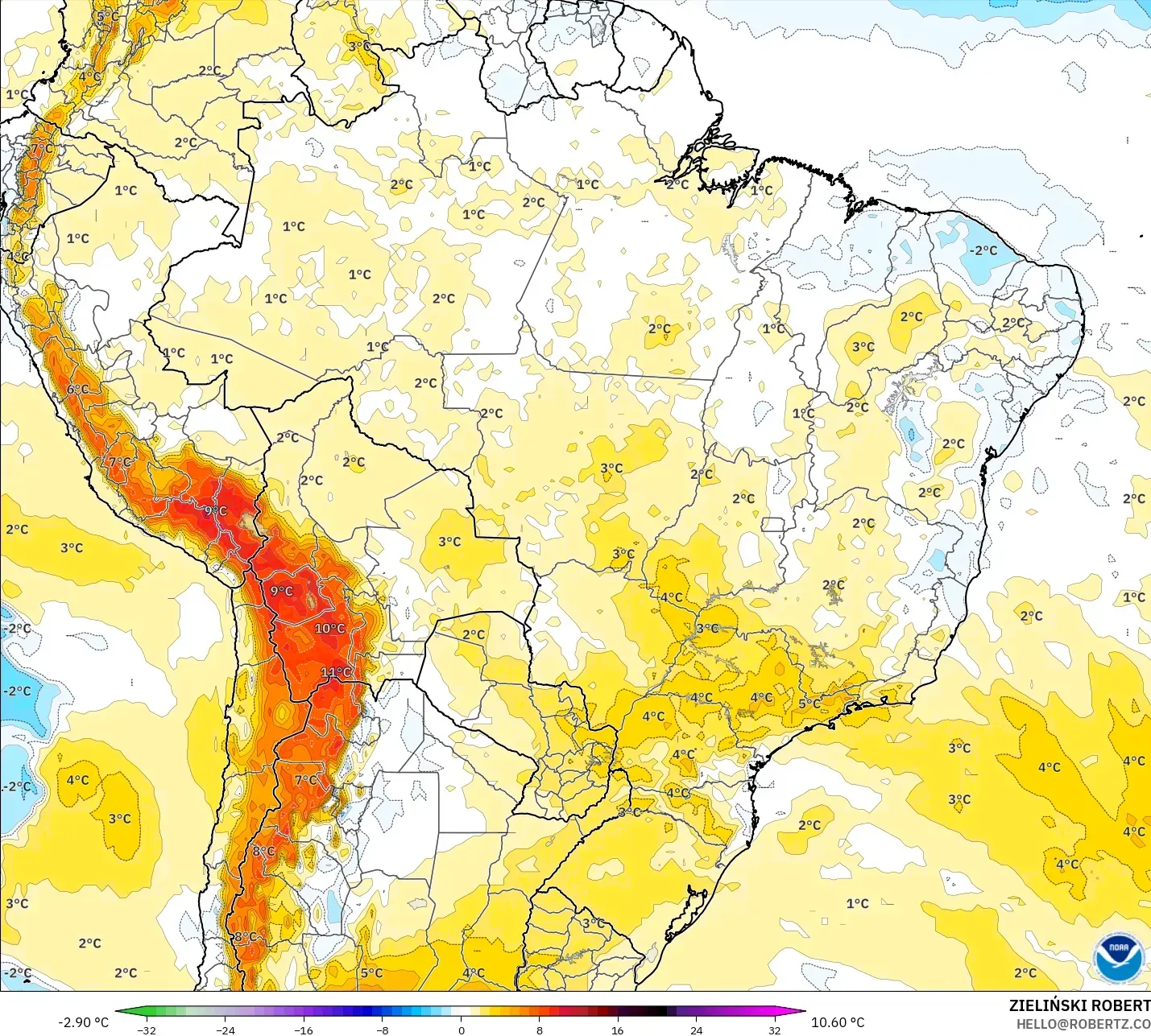 GFS model - Brezilya, 850 hPa Sıcaklık Anomalisi