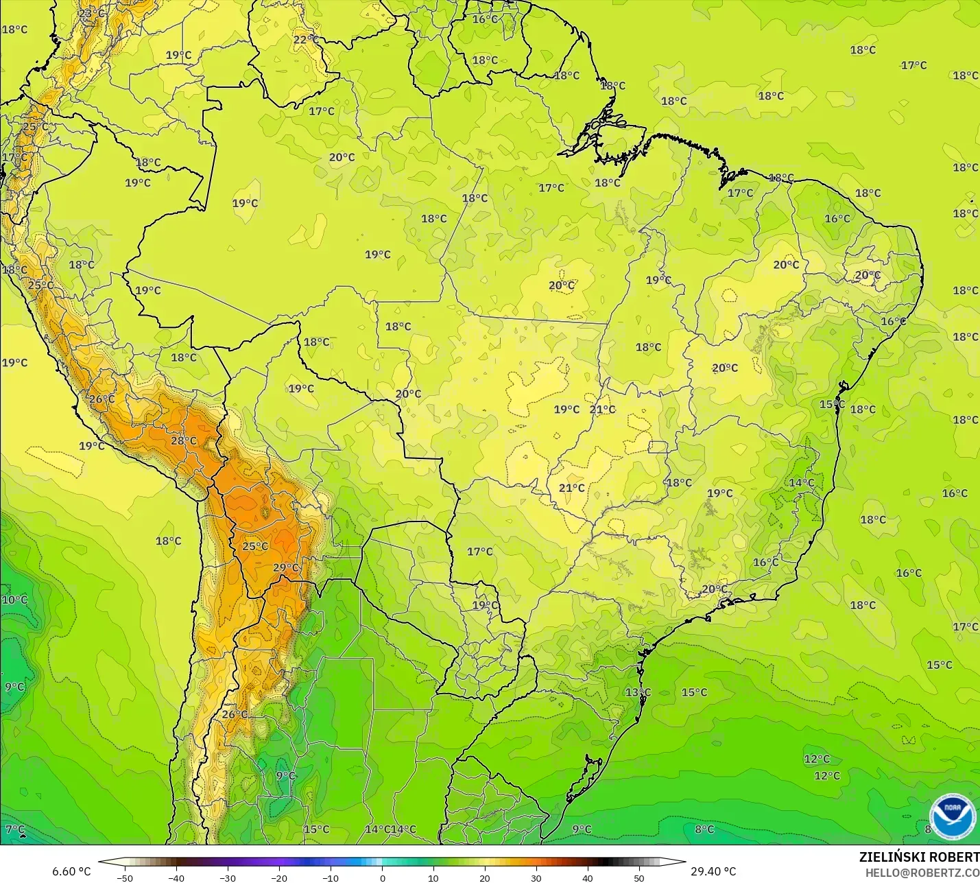GFS model - Brezilya, 850 hPa Sıcaklık
