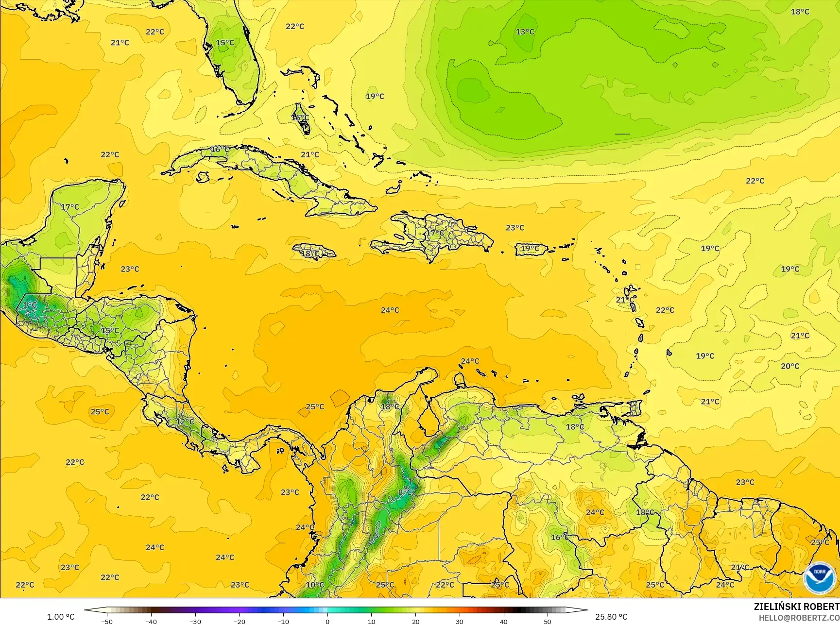 GFS model - Karayipler, 2 m Çiy Noktası