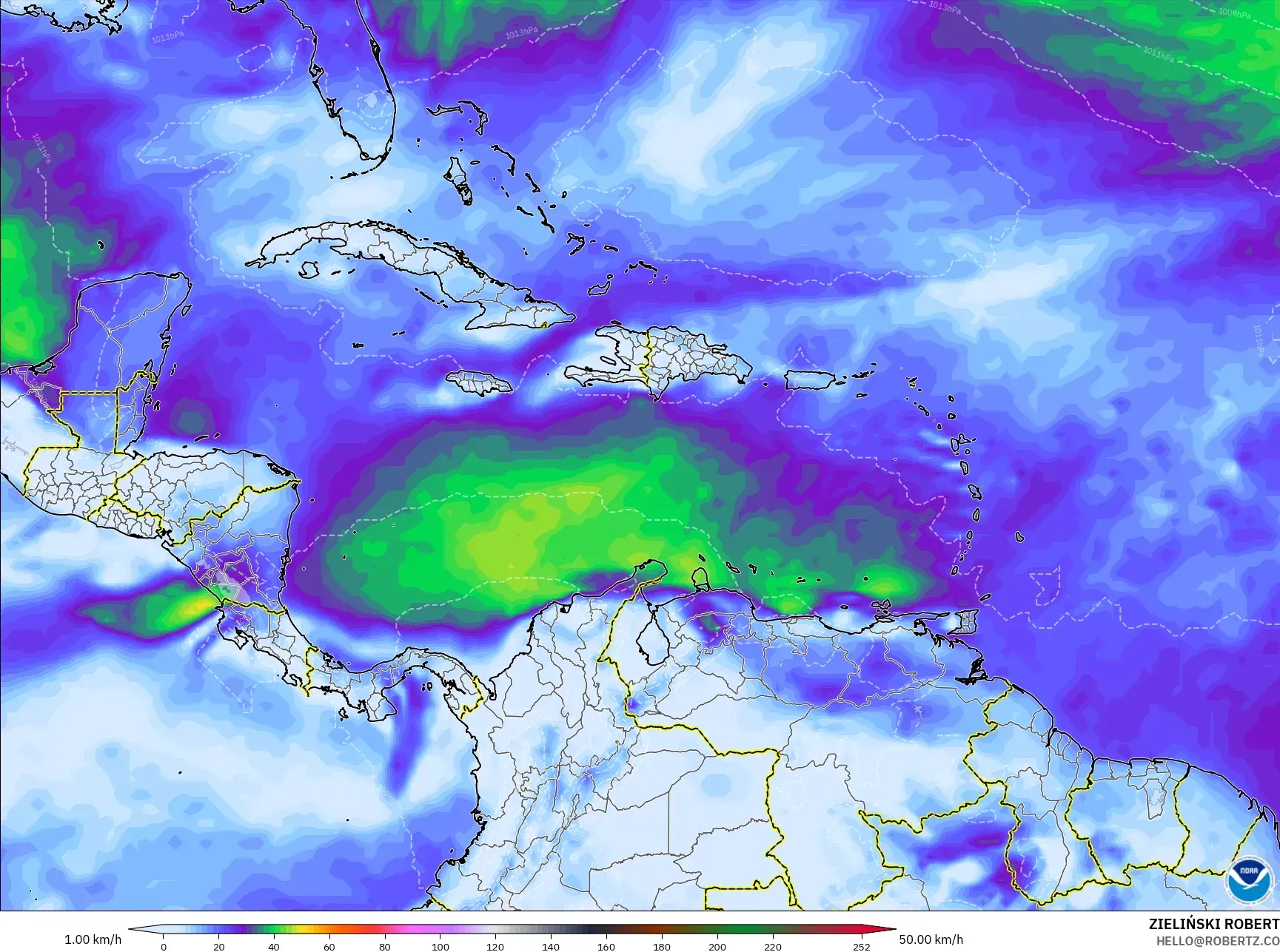 GFS model - Karayipler, En Yüksek Rüzgâr
