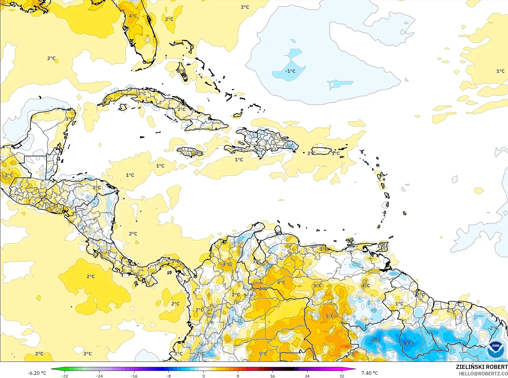 GFS model - Karayipler, 2 m Sıcaklık Anomalisi