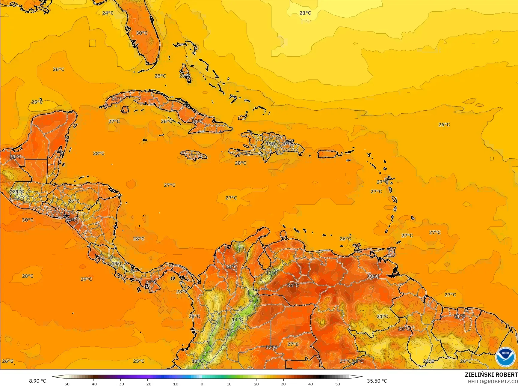 GFS model - Karayipler, 2 m Sıcaklık