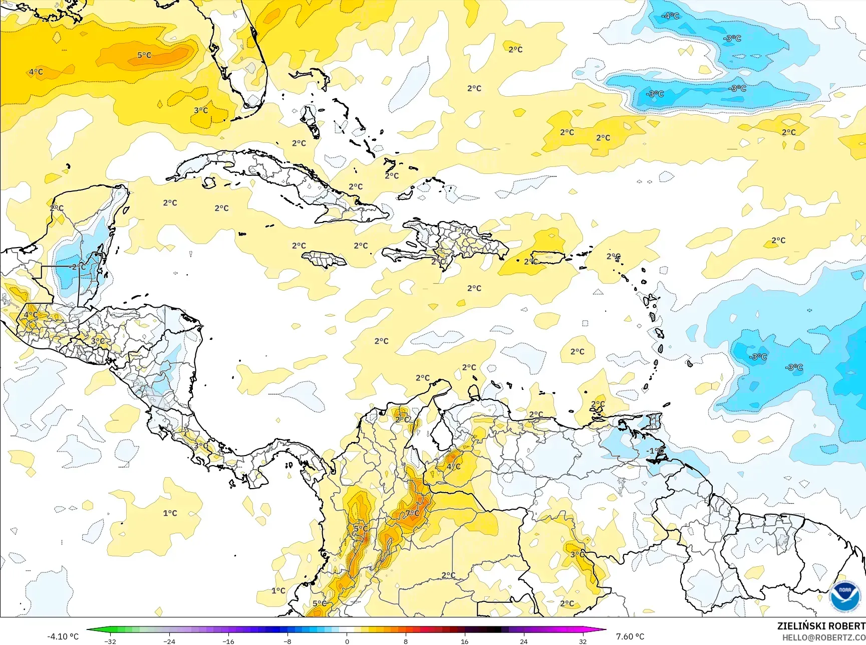 GFS model - Karayipler, 850 hPa Sıcaklık Anomalisi