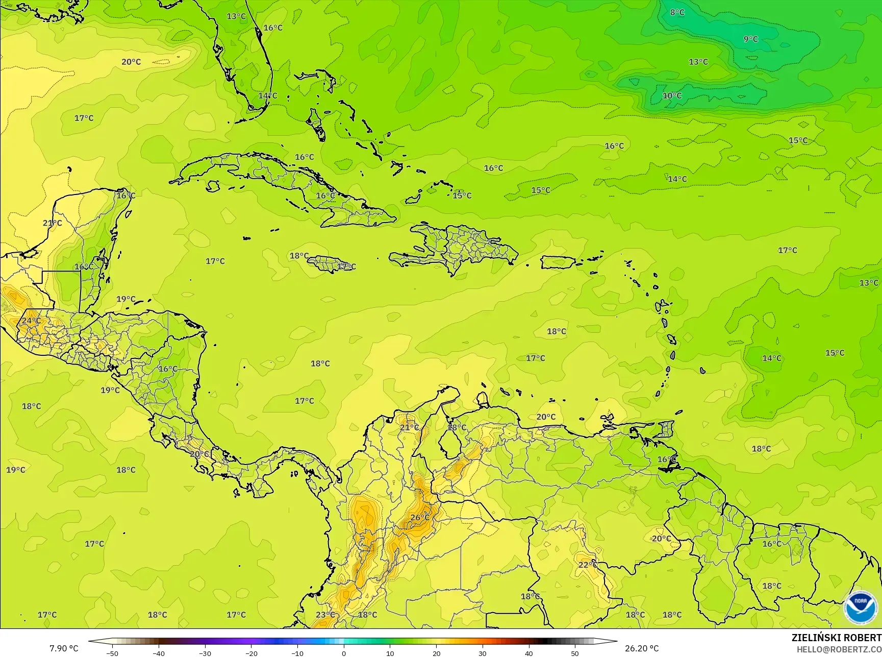 GFS model - Karayipler, 850 hPa Sıcaklık